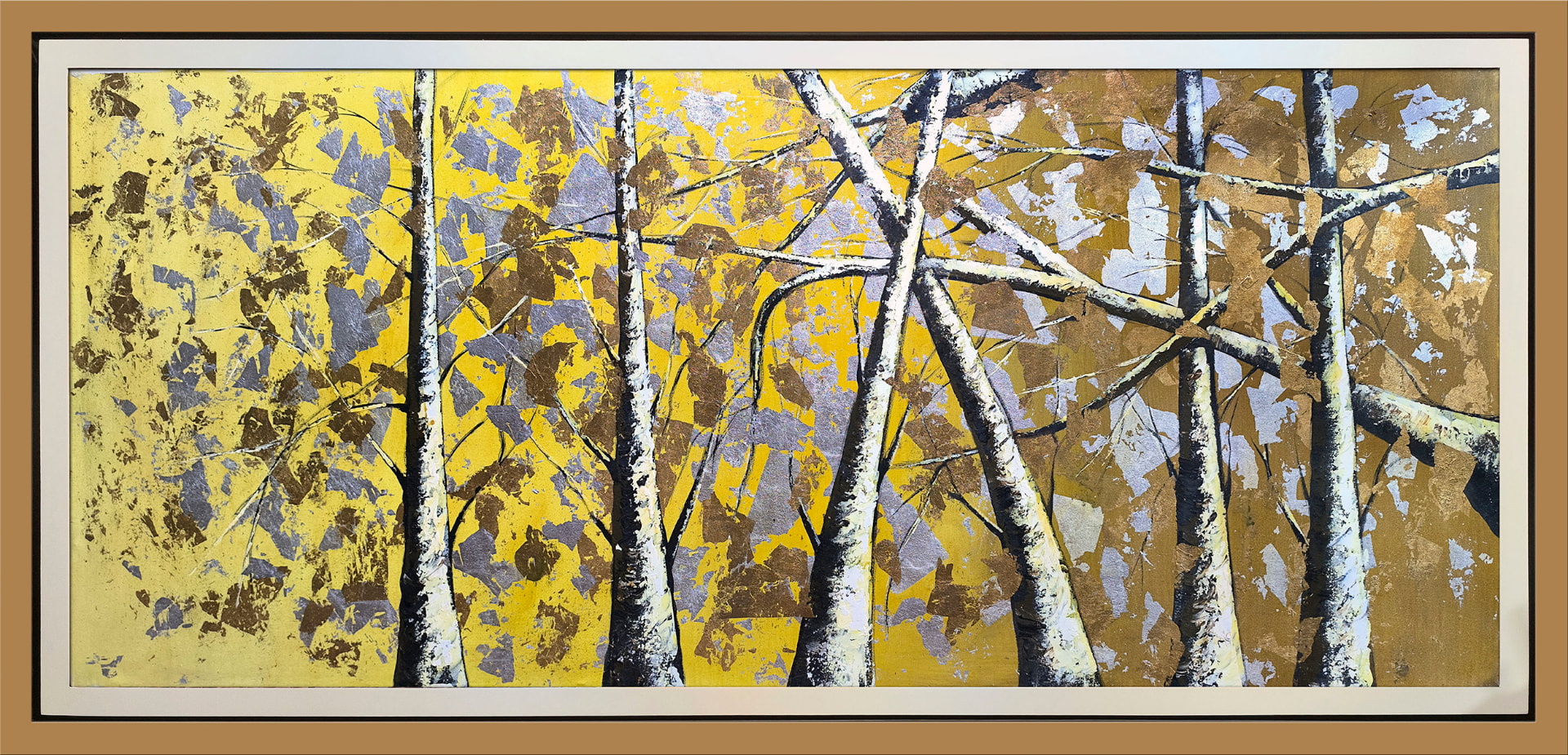Bosque de abedules dorados — vista detalle de la pintura al óleo