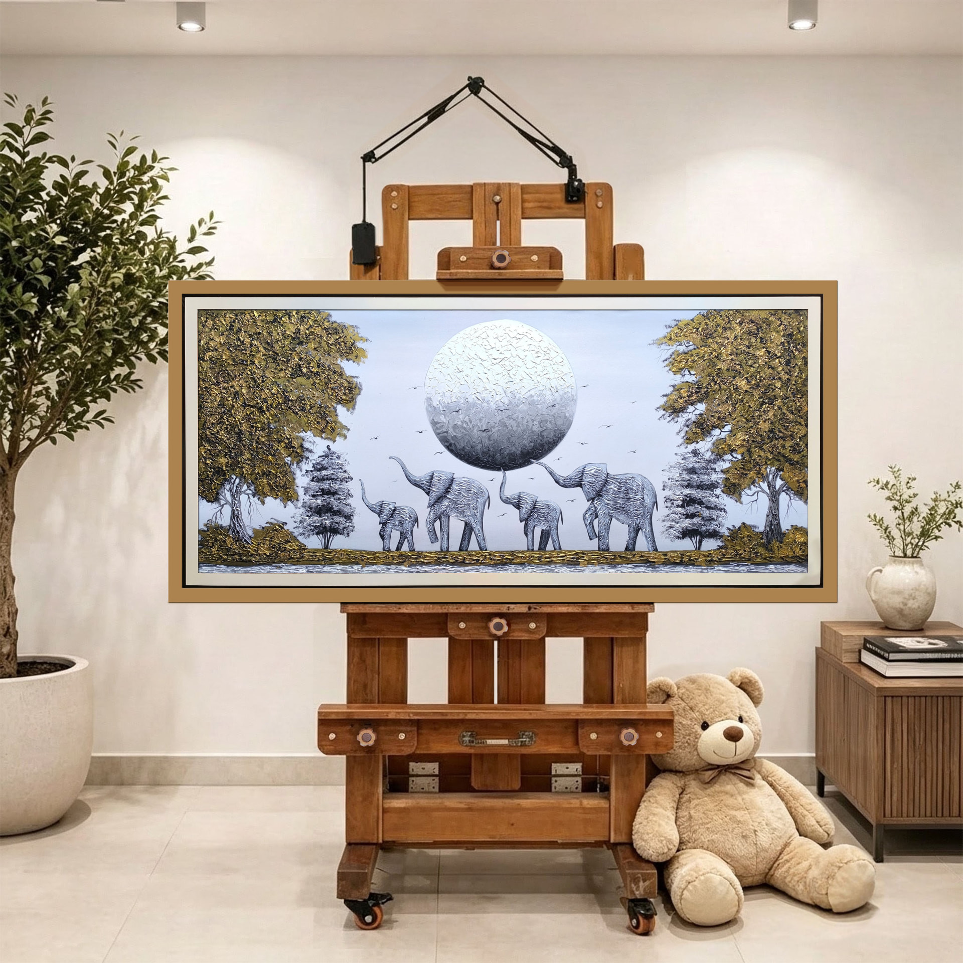 Elefantes bajo la luna de plata — vista caballete de la pintura al óleo