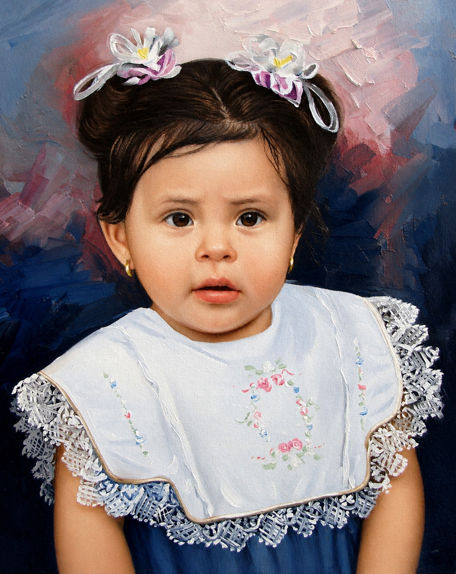 Niña con flores en el cabello — pintura al óleo pintada a mano · Color & Estilo