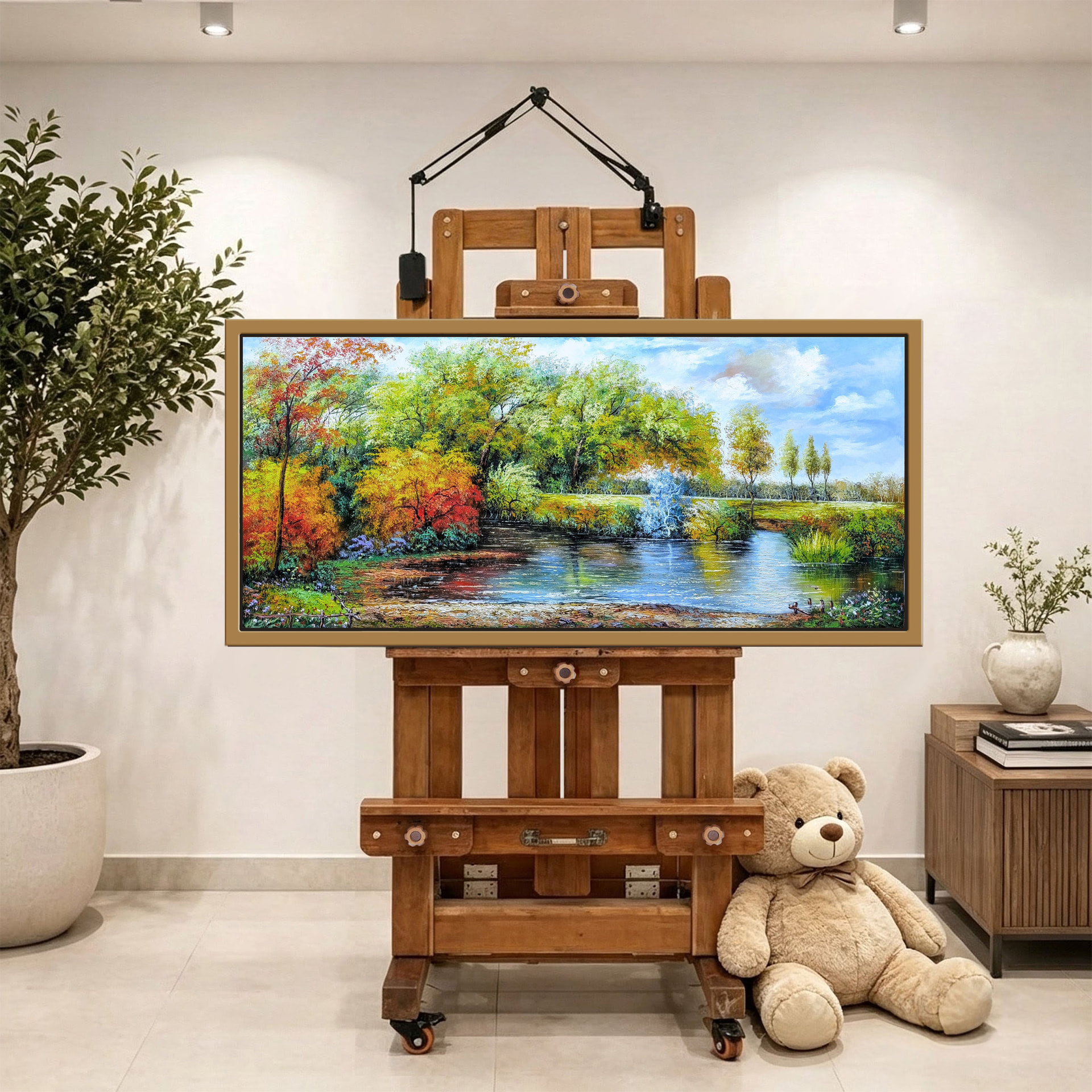 Estanque otoñal — vista caballete de la pintura al óleo