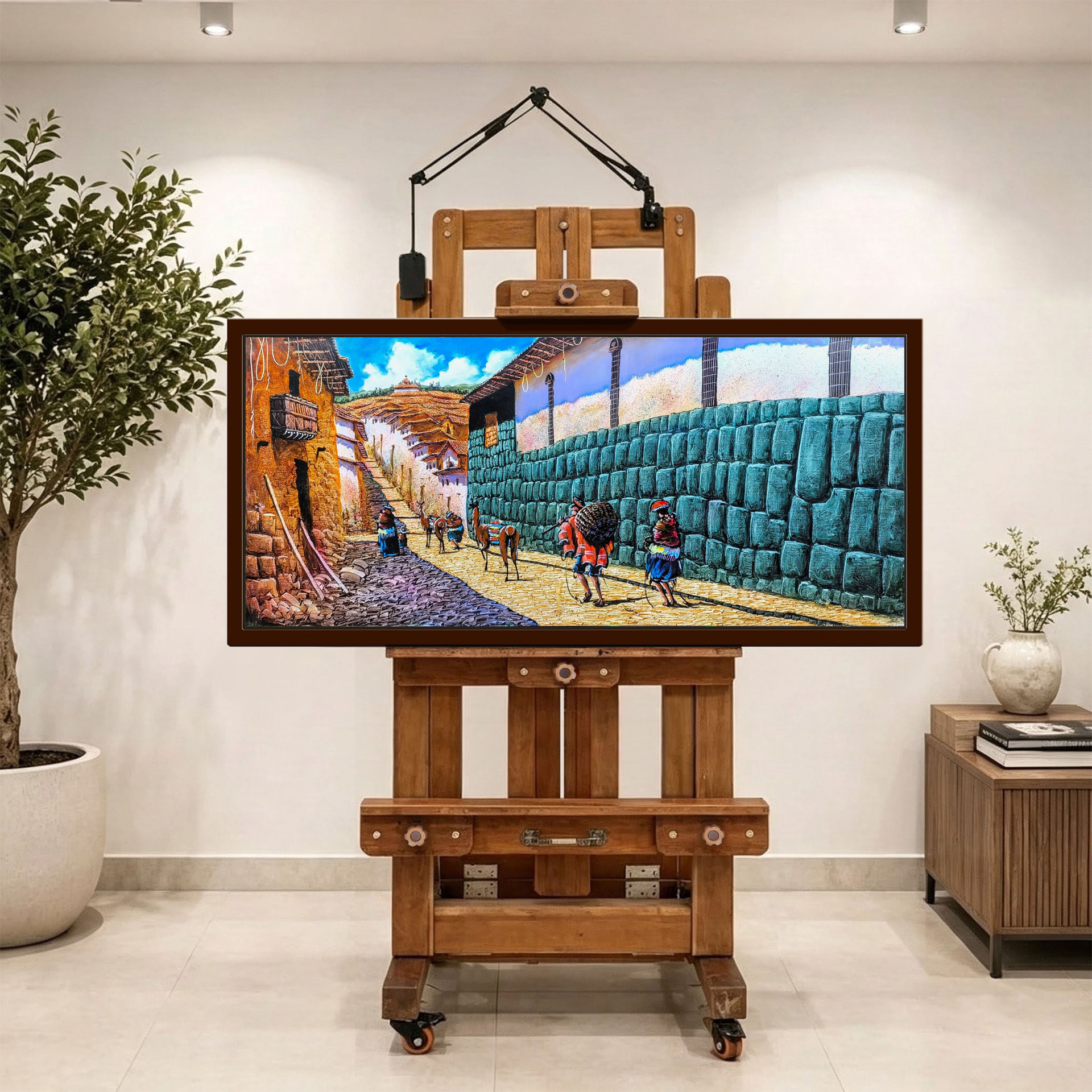 Calle inca con llamas — vista caballete de la pintura al óleo