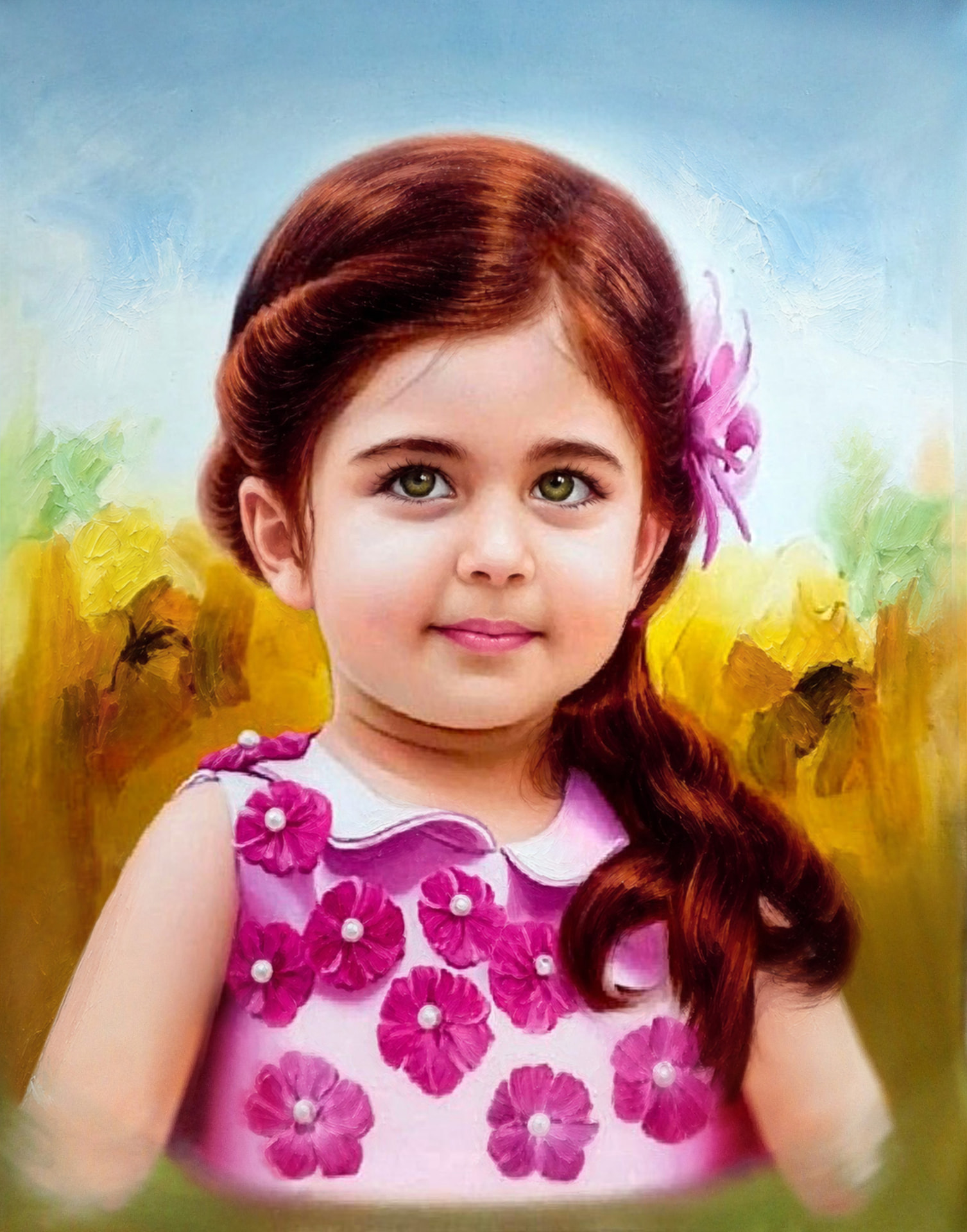 Niña de flores fucsia — óleo sobre lienzo pintada a mano · Color & Estilo