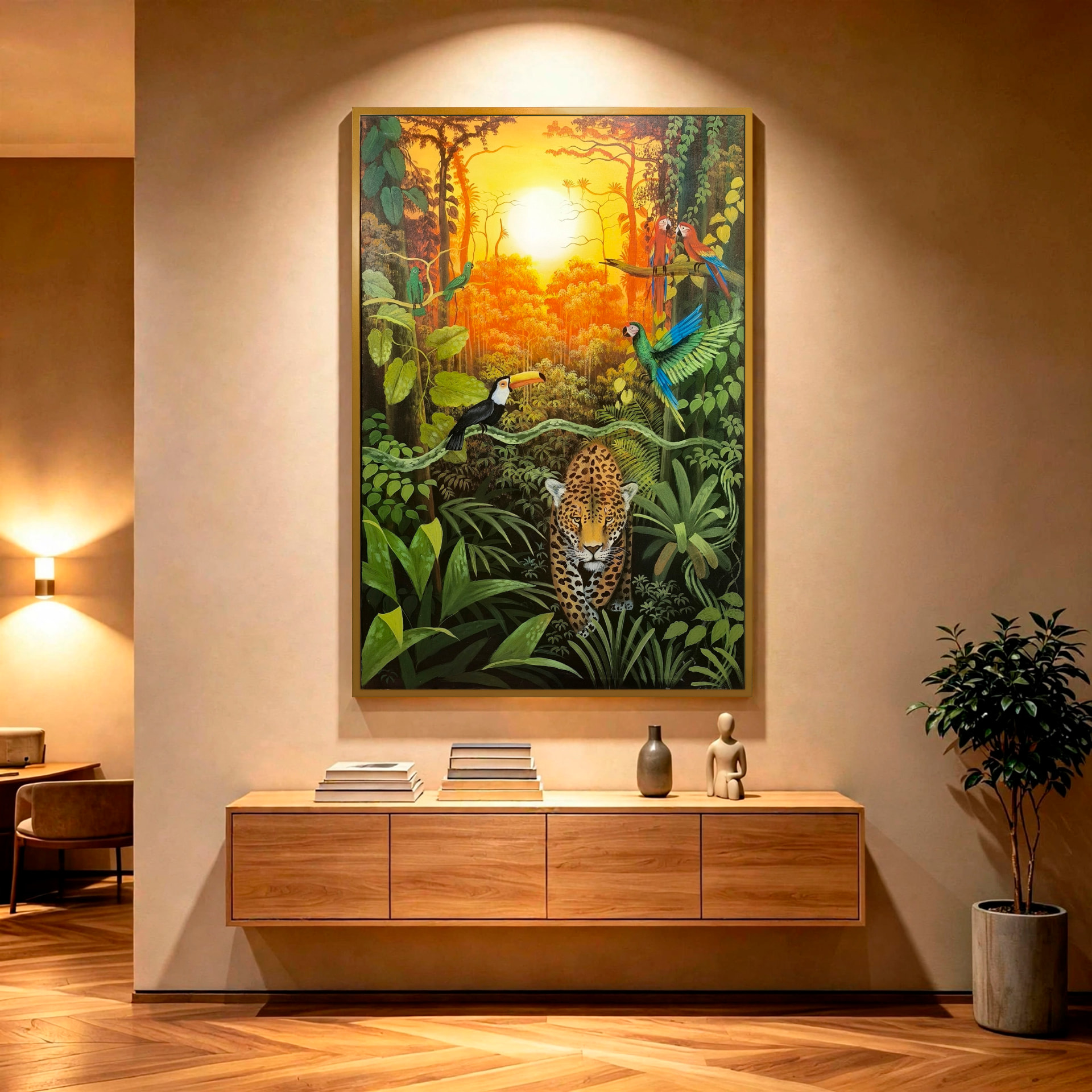 Selva al atardecer — óleo sobre lienzo pintada a mano · Color & Estilo