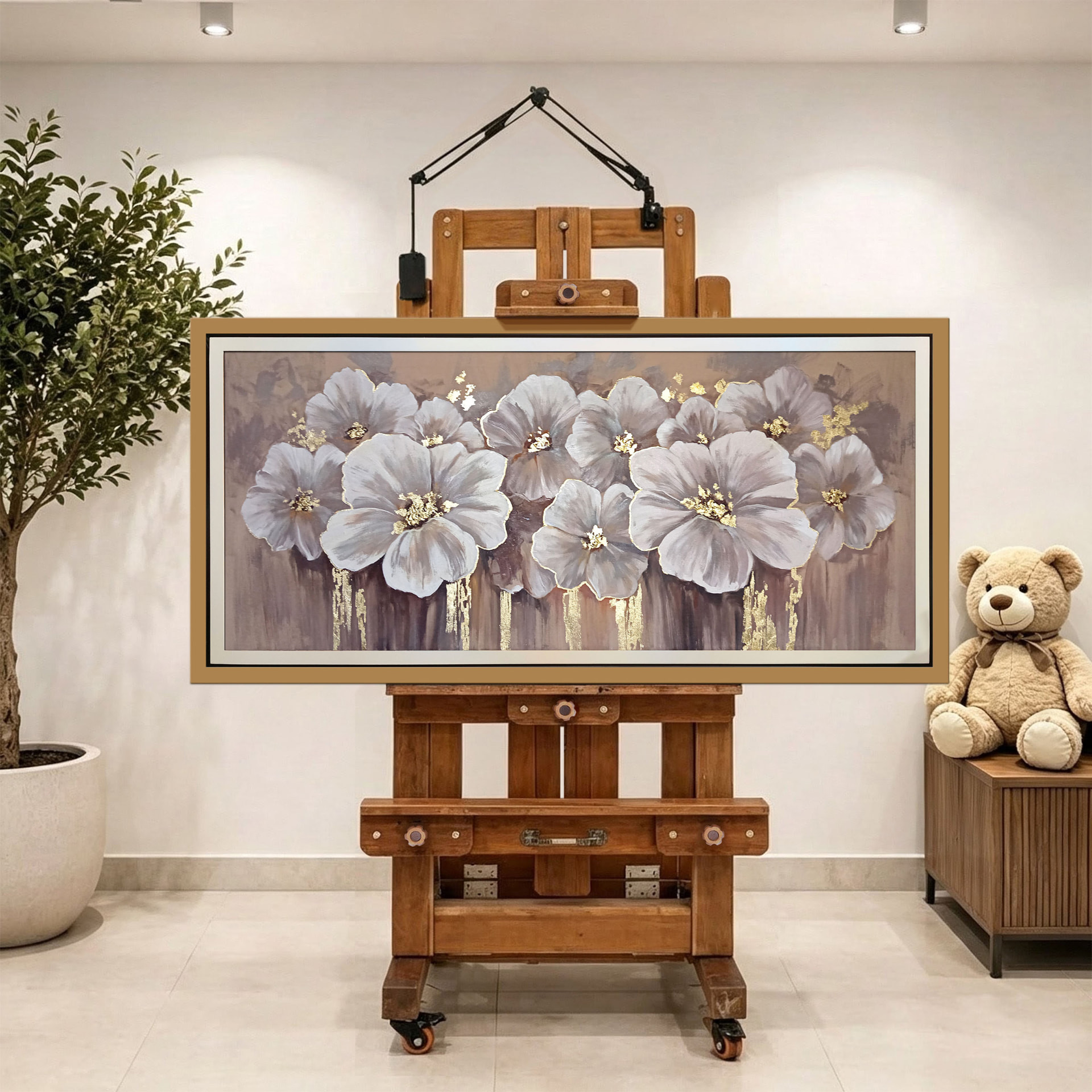 Flores blancas con goteo de oro — vista caballete de la pintura al óleo