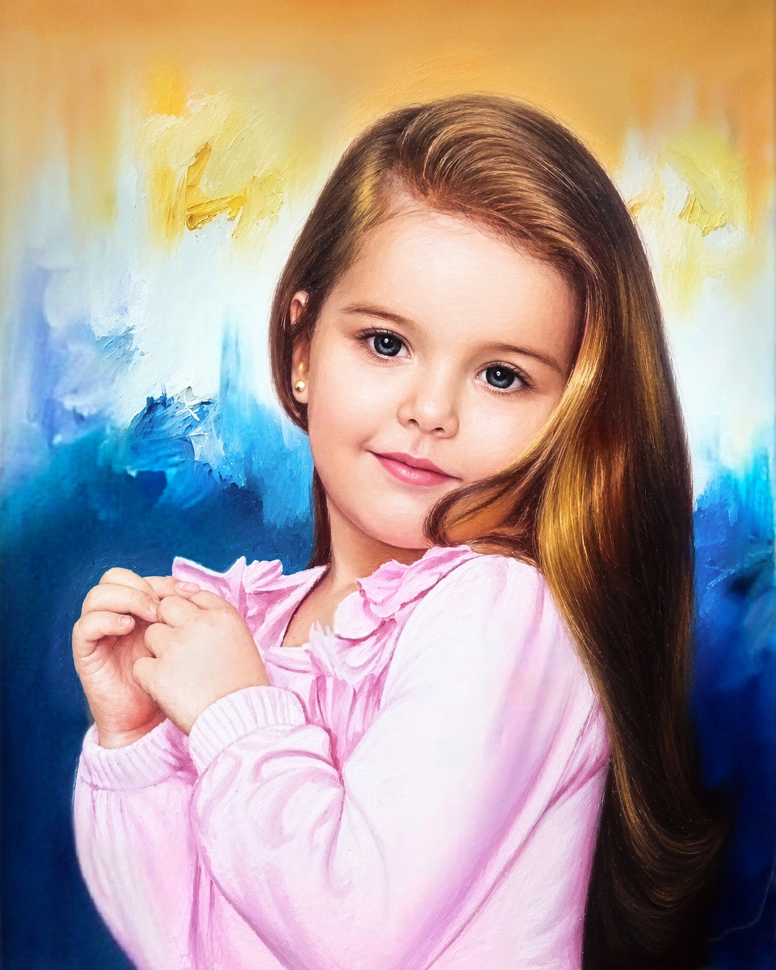Niña de suéter rosa — óleo sobre lienzo pintada a mano · Color & Estilo