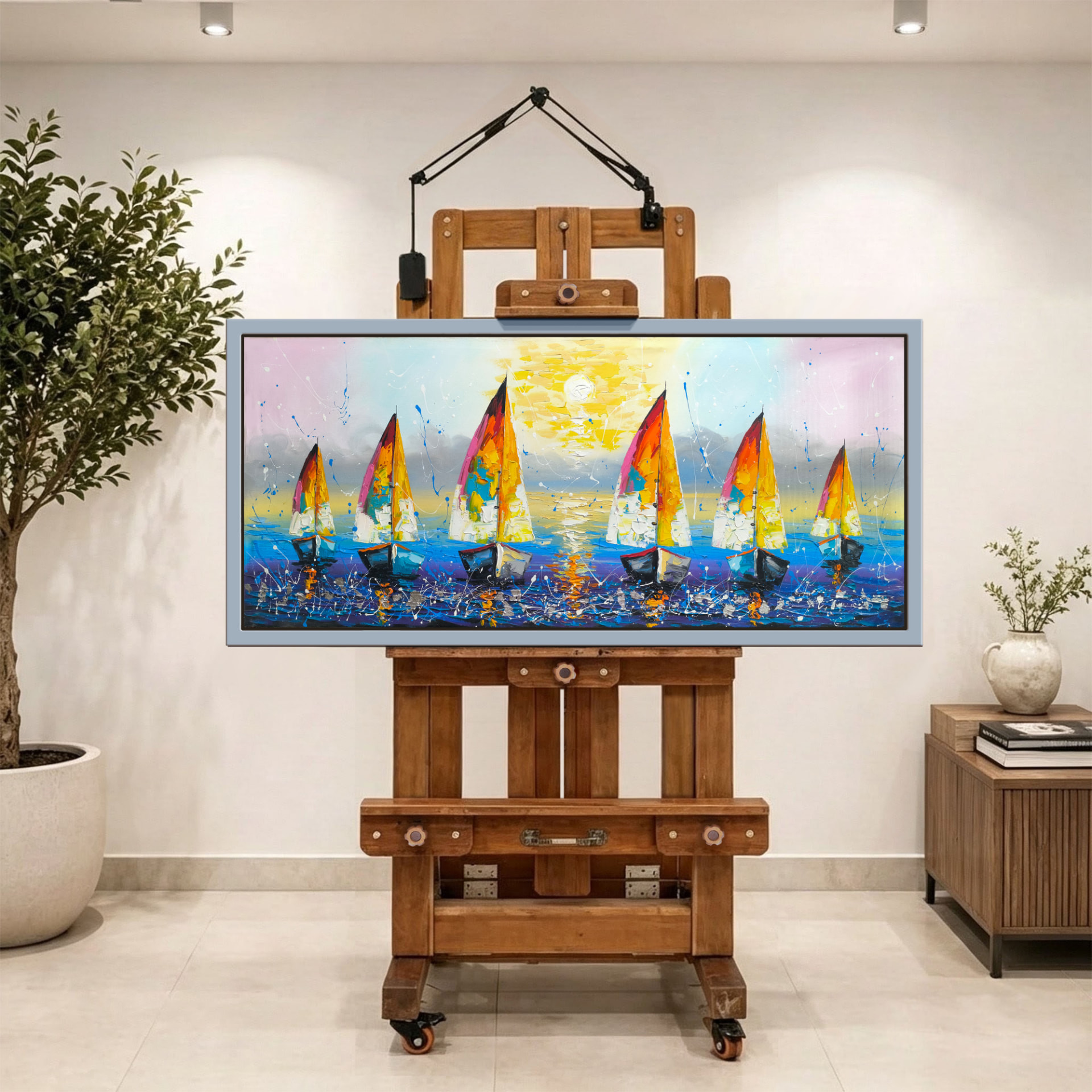 Veleros al sol — vista caballete de la pintura al óleo