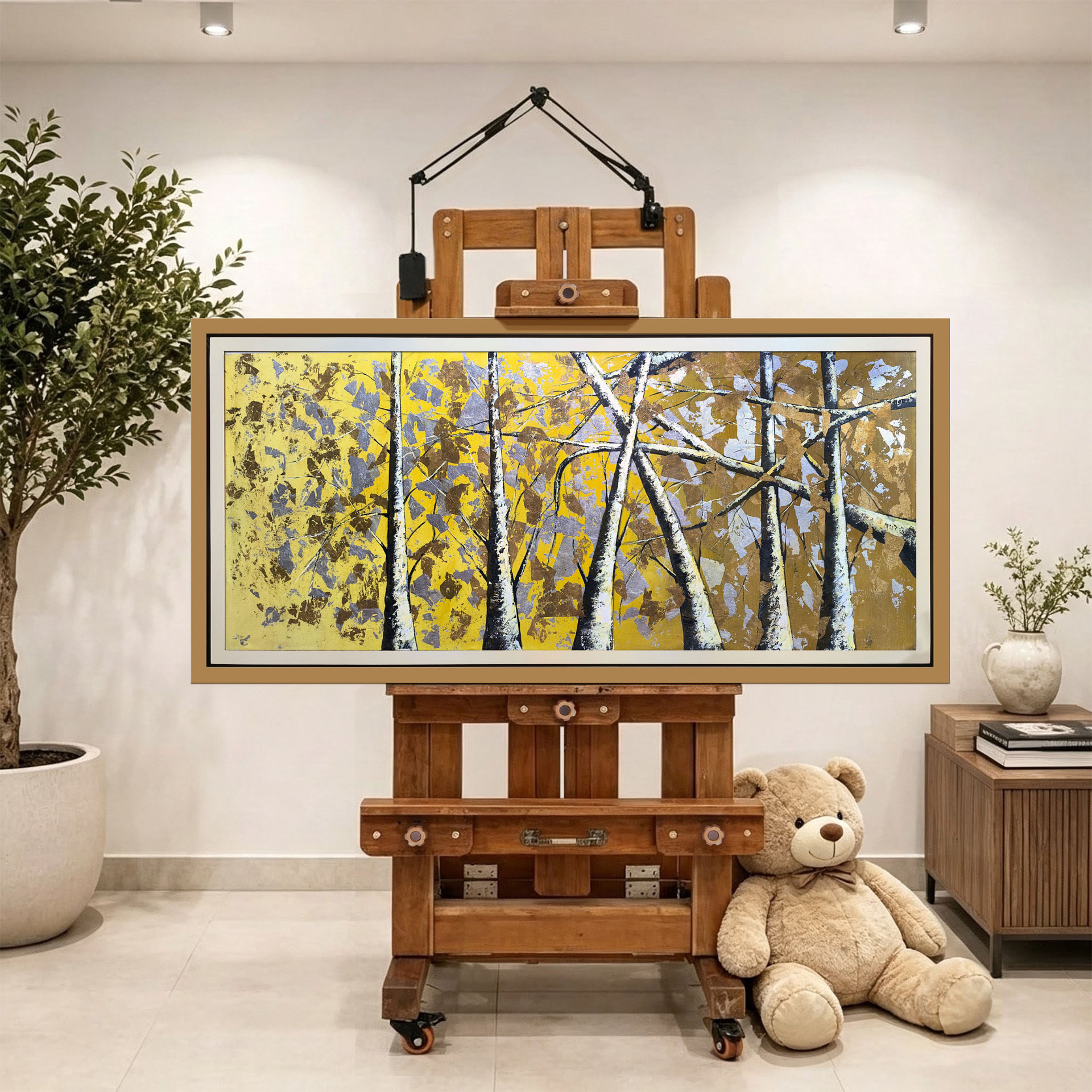 Bosque de abedules dorados — vista caballete de la pintura al óleo