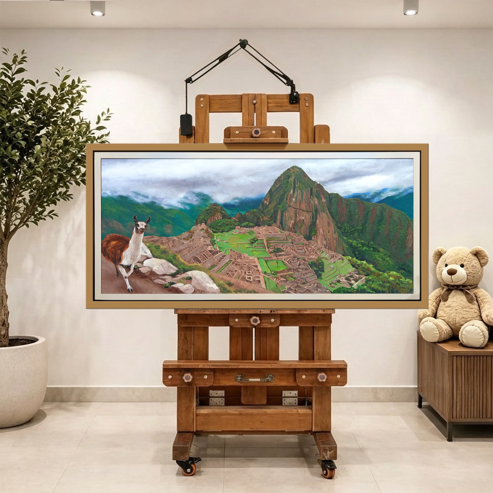 Machu Picchu — vista caballete de la pintura al óleo