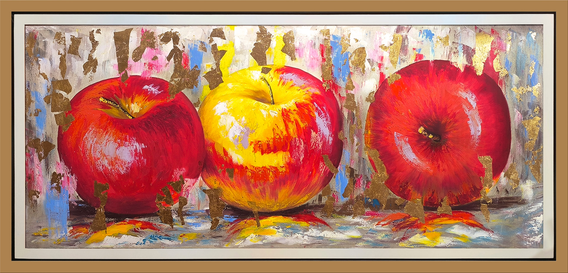 Manzanas en oro — vista detalle de la pintura al óleo