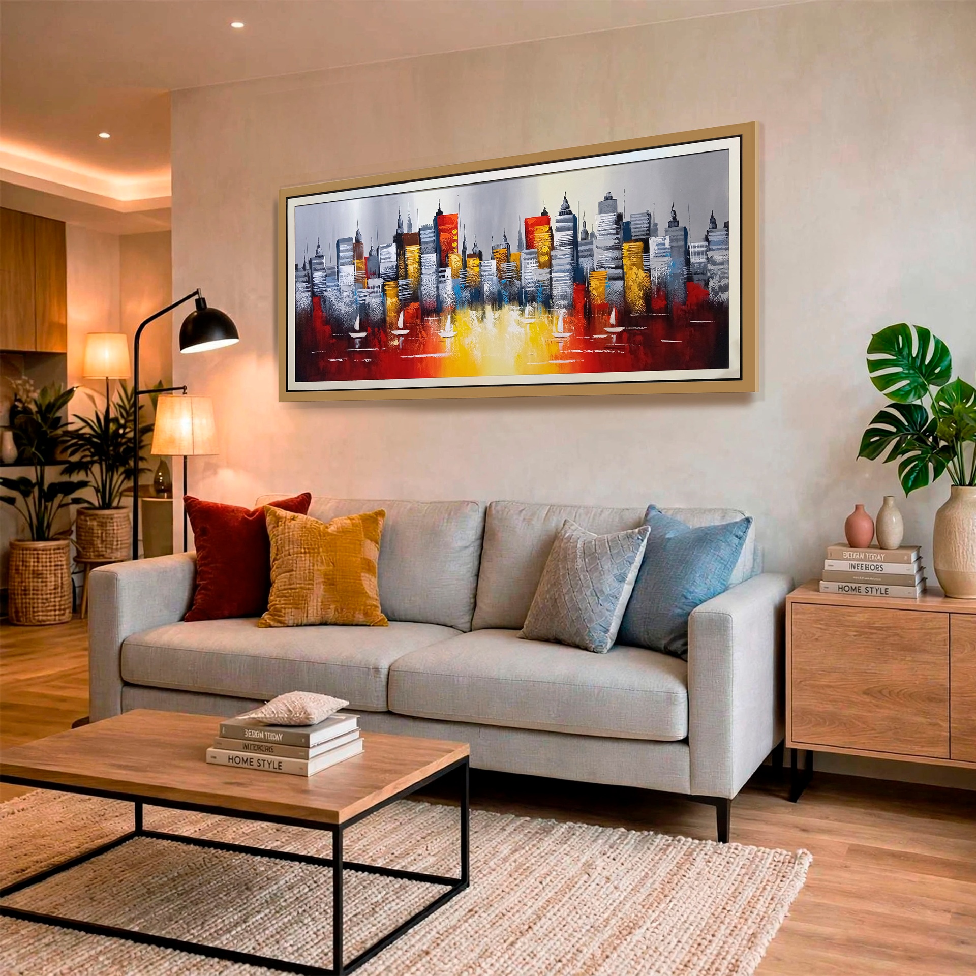 Puerto en rojo y oro — óleo sobre lienzo pintada a mano · Color & Estilo