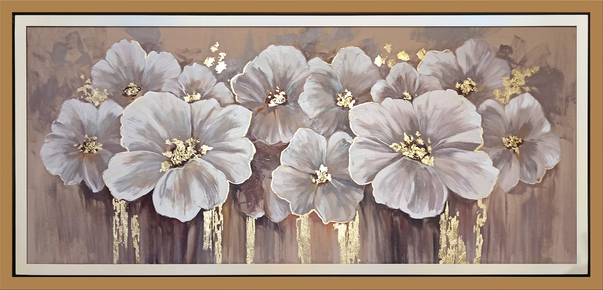 Flores blancas con goteo de oro — vista detalle de la pintura al óleo