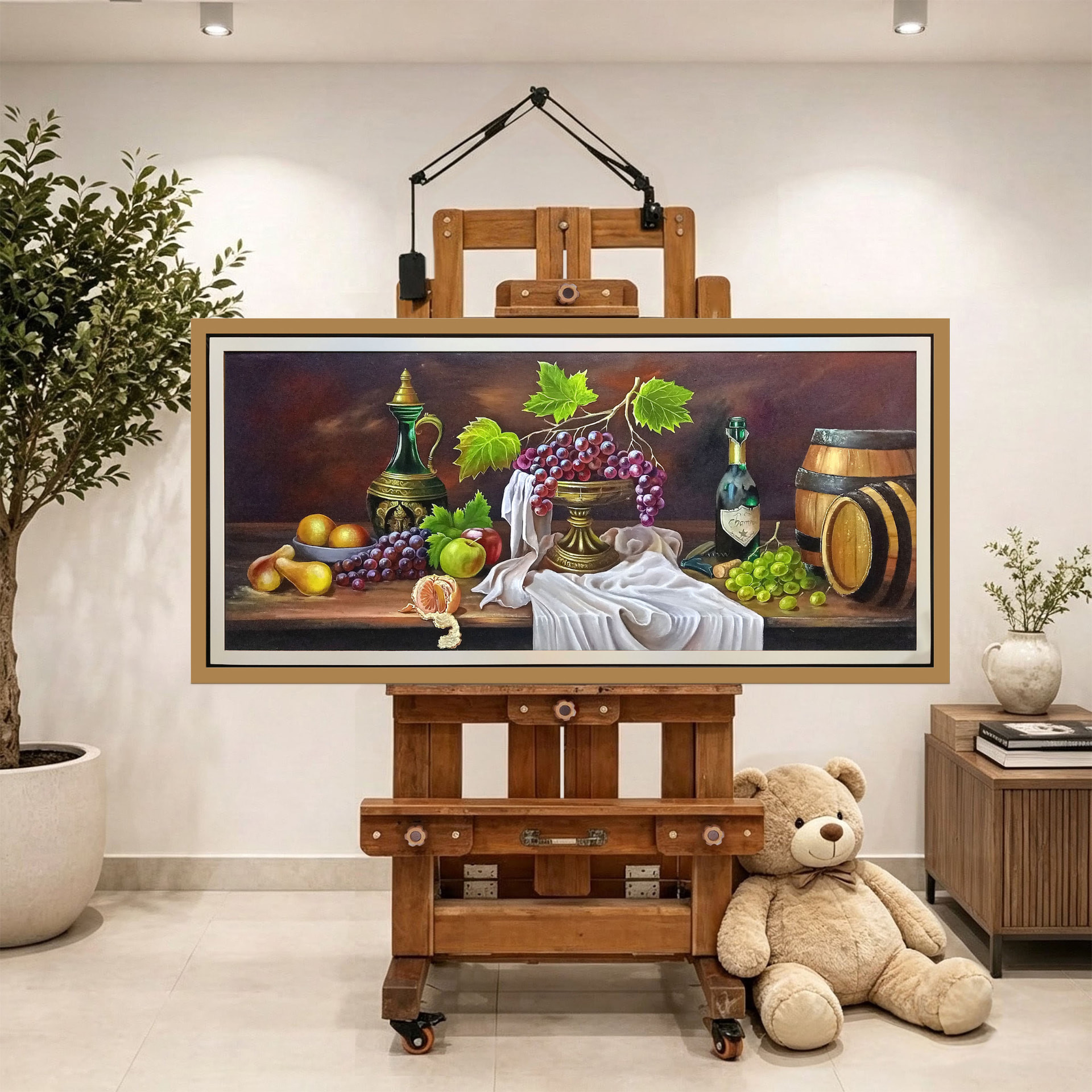 Bodegón de vino y uvas — vista caballete de la pintura al óleo