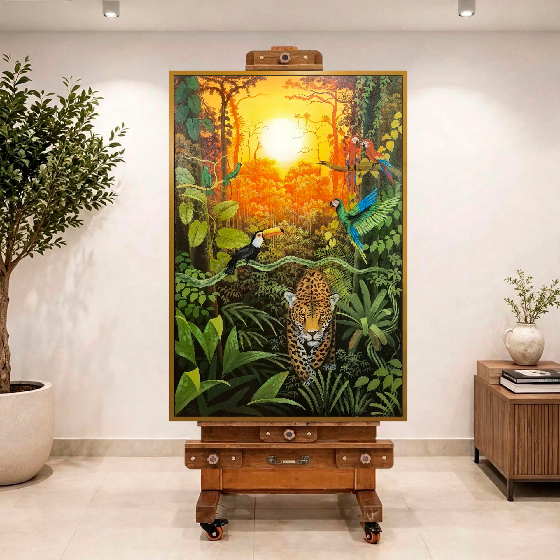 Selva al atardecer — vista caballete de la pintura al óleo