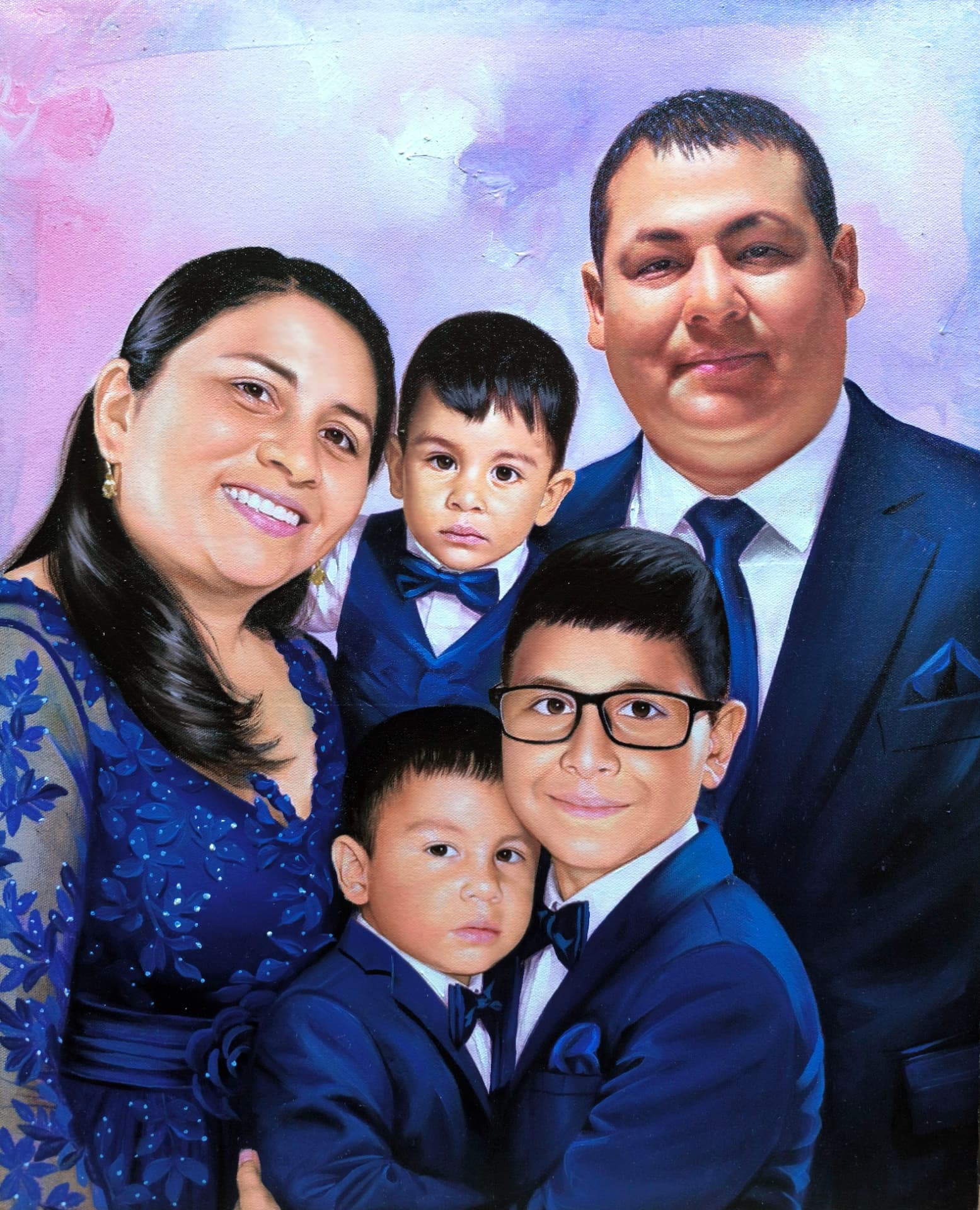 Familia en azul — óleo sobre lienzo pintada a mano · Color & Estilo