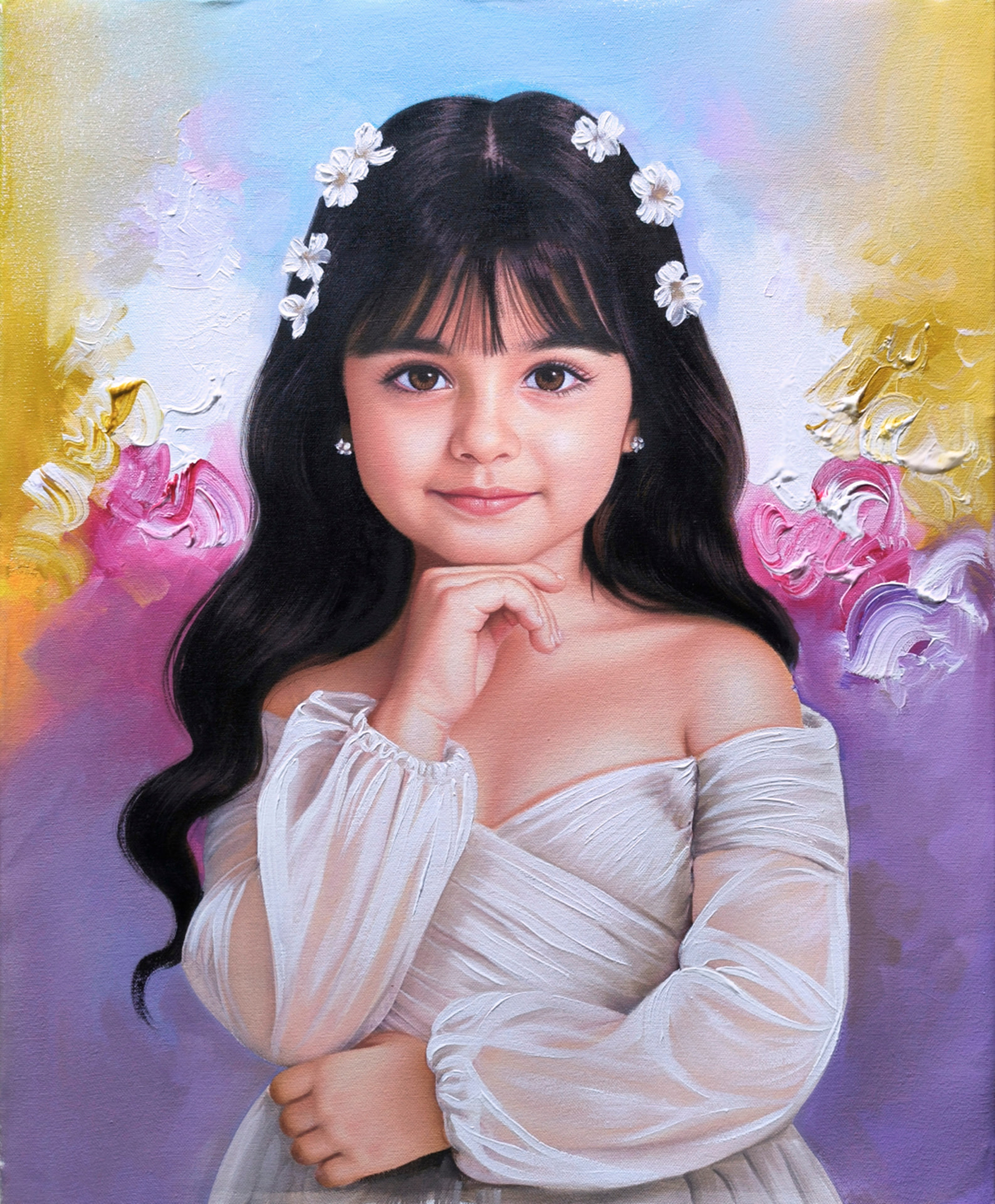 Niña con flores blancas — óleo sobre lienzo pintada a mano · Color & Estilo