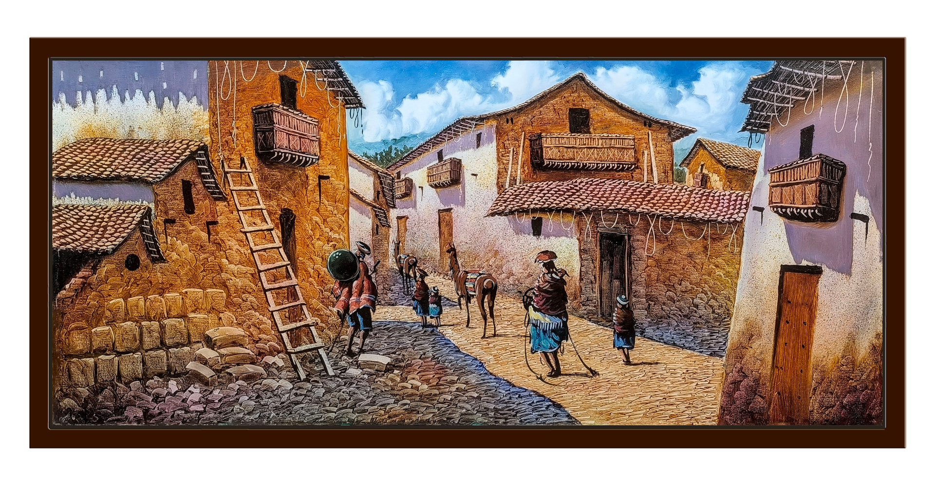 Calle andina de las llamas — vista detalle de la pintura al óleo