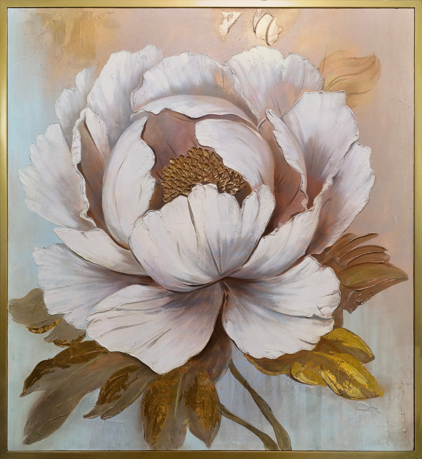 Peonía de oro — vista detalle de la pintura al óleo