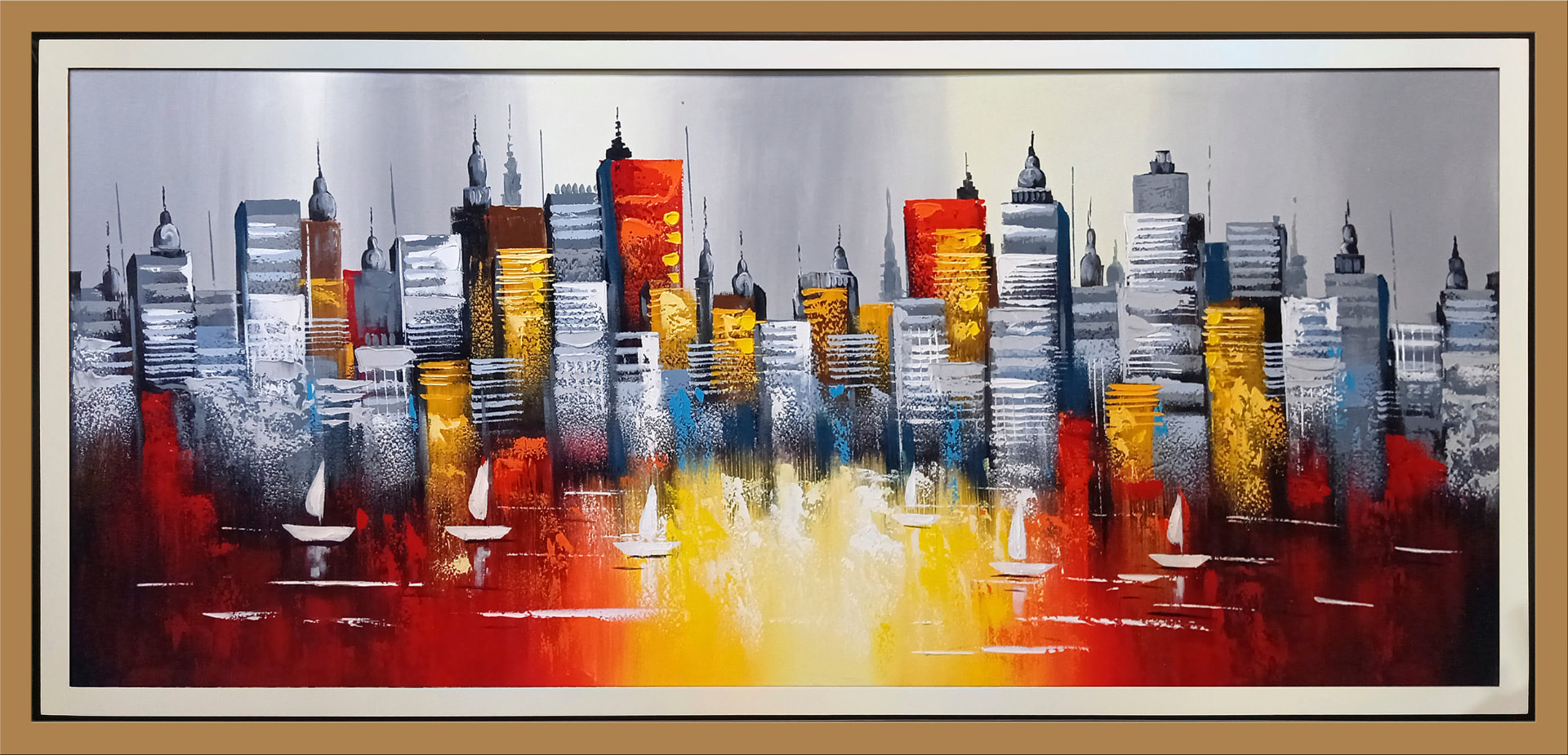 Puerto en rojo y oro — vista detalle de la pintura al óleo
