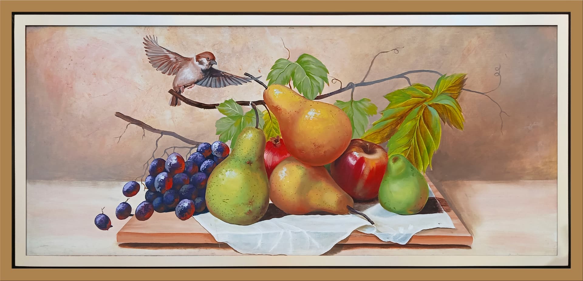 Bodegón de frutas y pájaro — vista detalle de la pintura al óleo