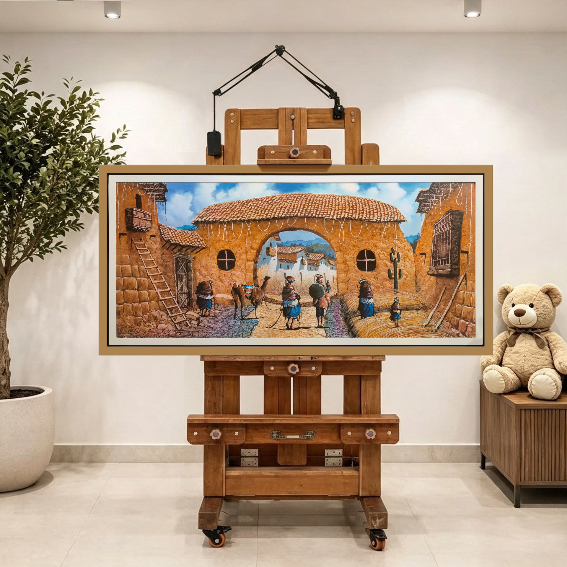 Portada de piedra y llamas — vista caballete de la pintura al óleo