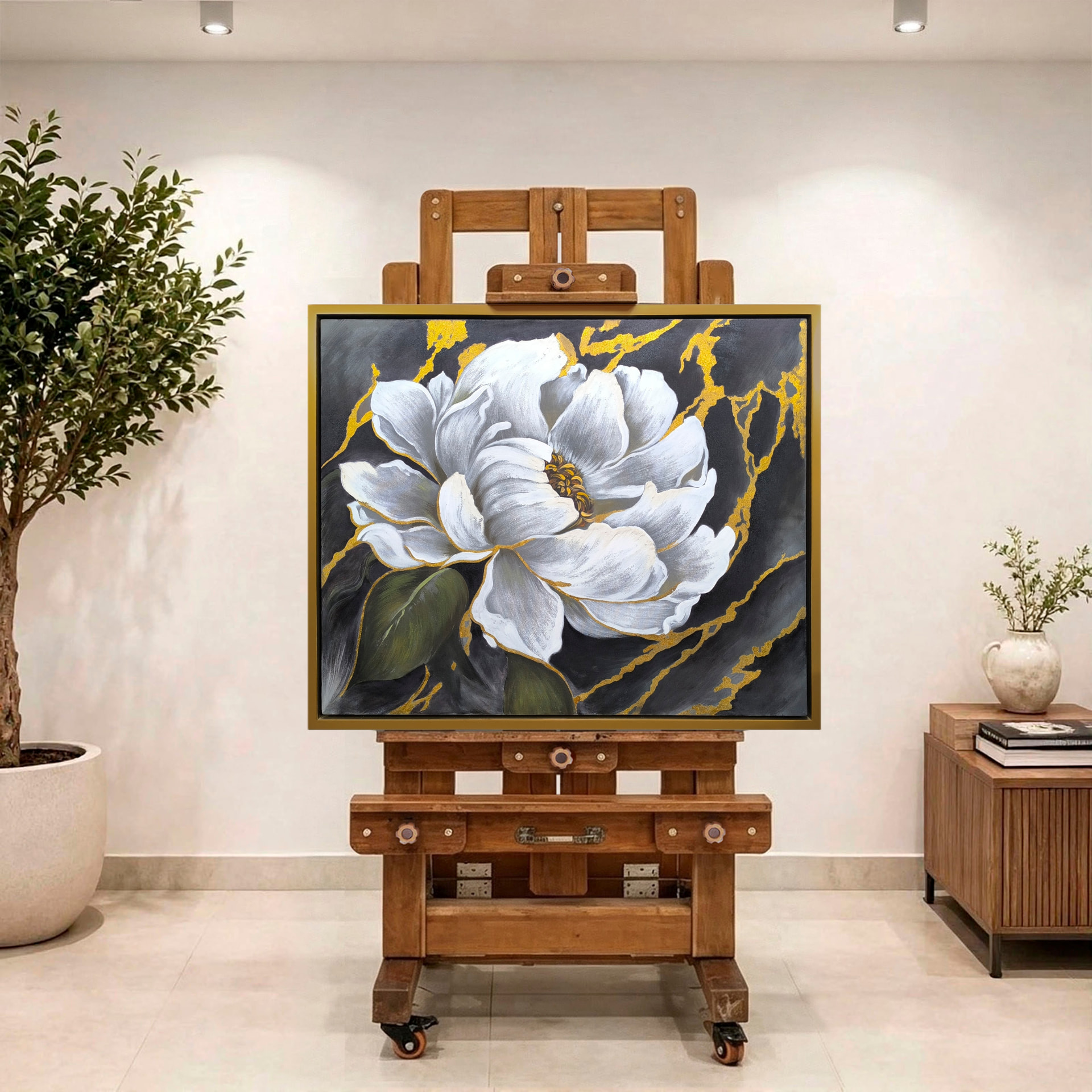 Magnolia en mármol negro — vista caballete de la pintura al óleo
