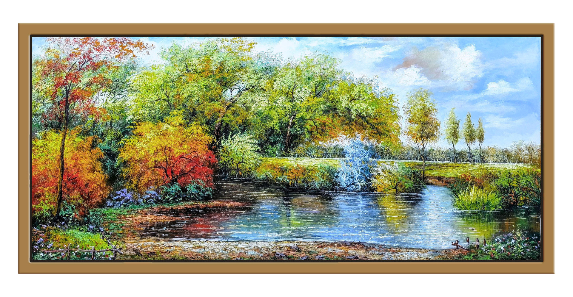 Estanque otoñal — vista detalle de la pintura al óleo