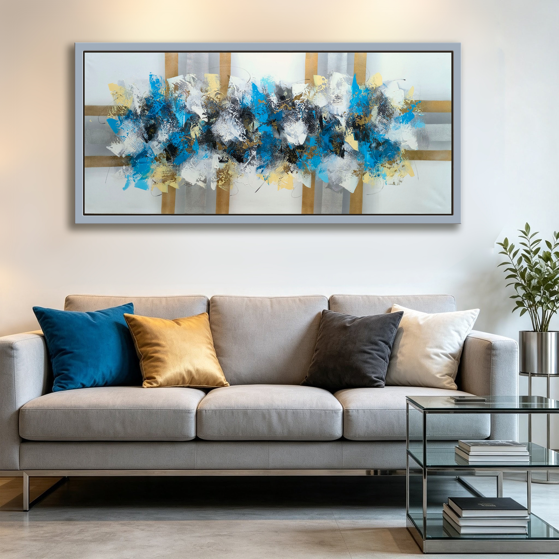 Azul y oro en franjas — óleo y pan de oro sobre lienzo pintada a mano · Color & Estilo