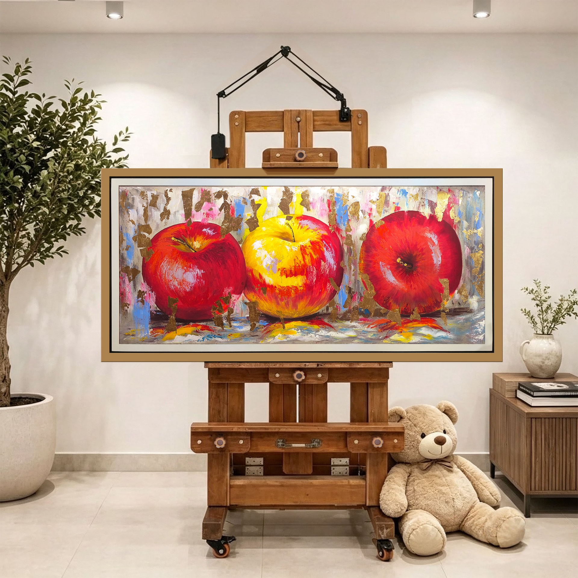 Manzanas en oro — vista caballete de la pintura al óleo