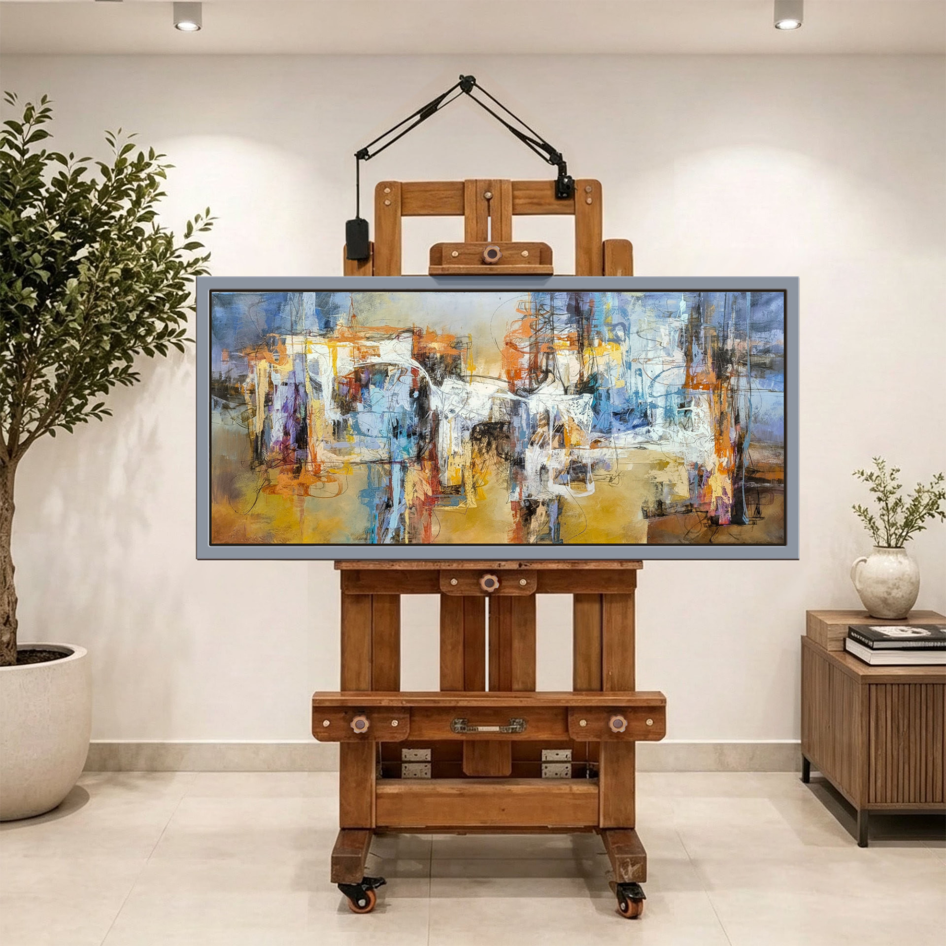 Urbe entre azules y ámbar — vista caballete de la pintura al óleo