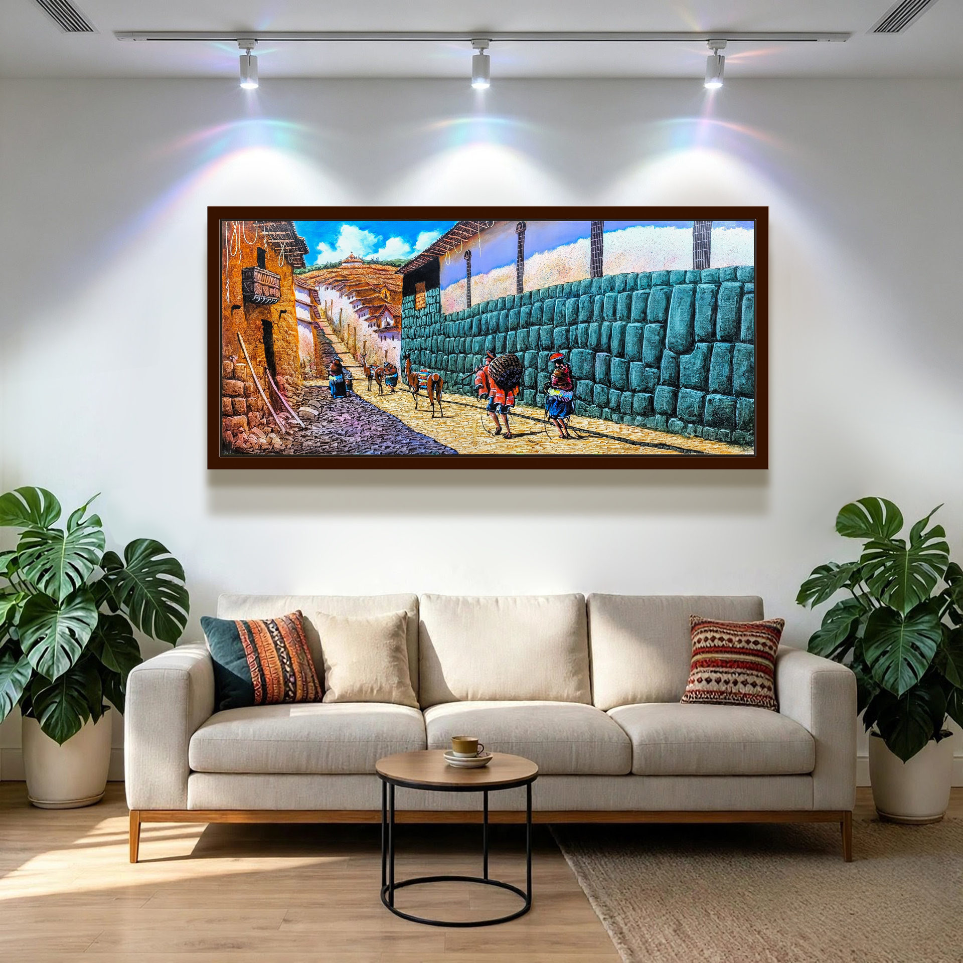 Calle inca con llamas — óleo sobre lienzo pintada a mano · Color & Estilo