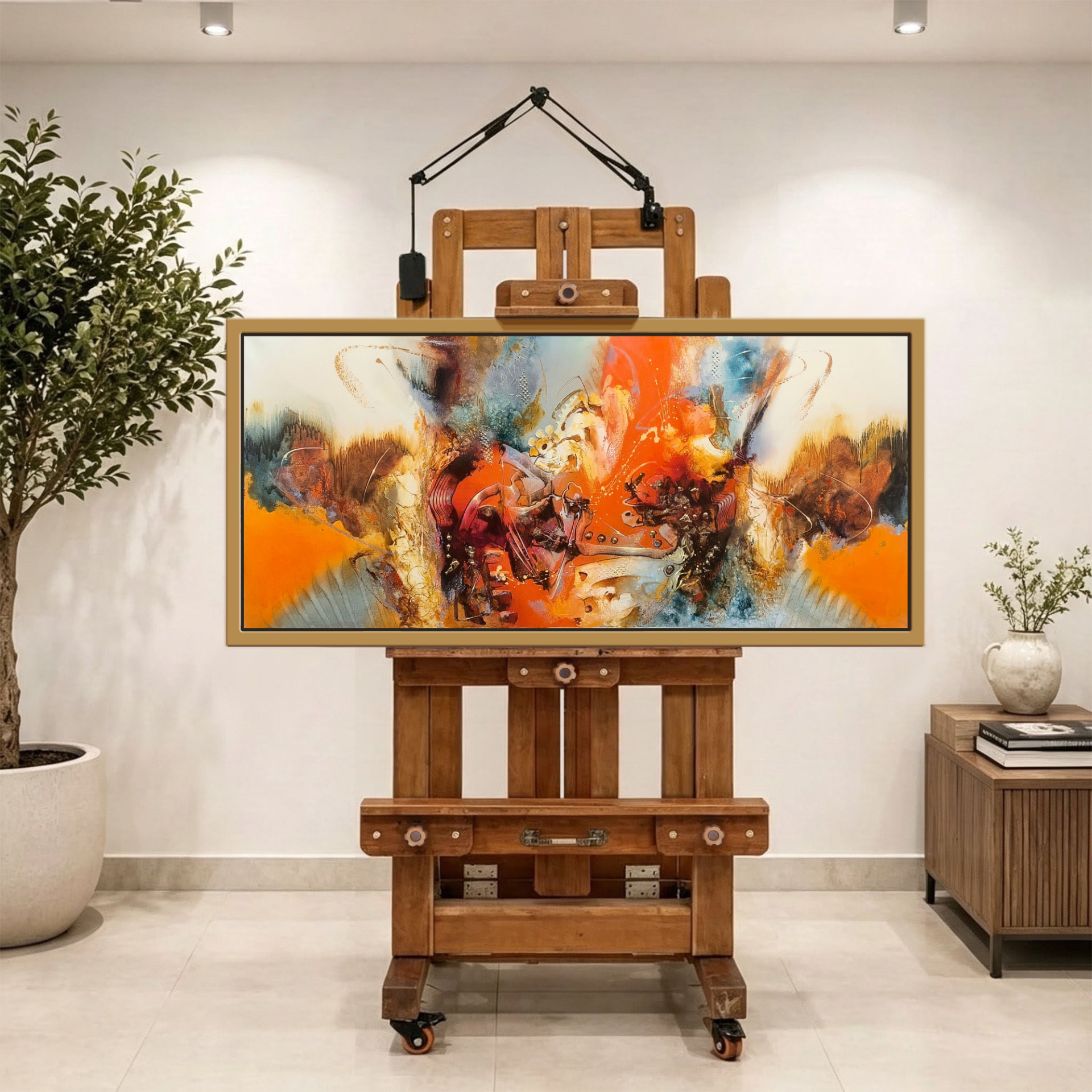Estallido en oro y naranja — vista caballete de la pintura al óleo