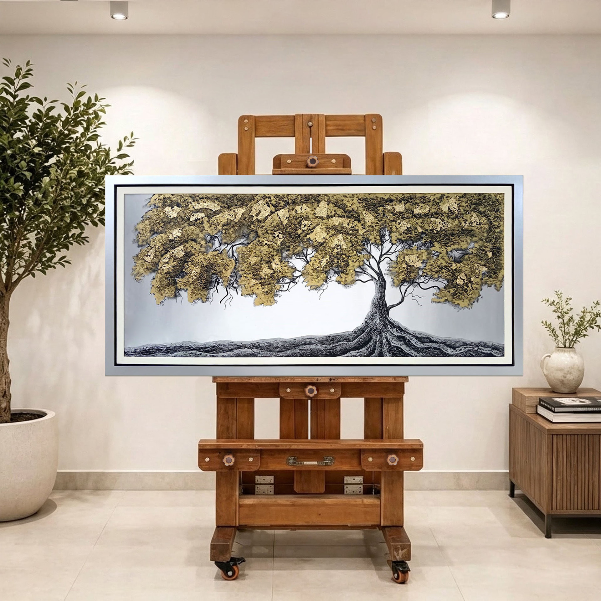 Árbol de raíces doradas — vista caballete de la pintura al óleo