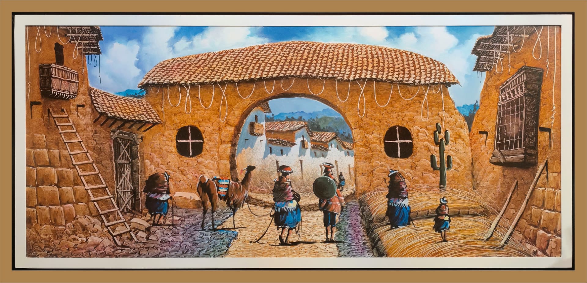Portada de piedra y llamas — vista detalle de la pintura al óleo