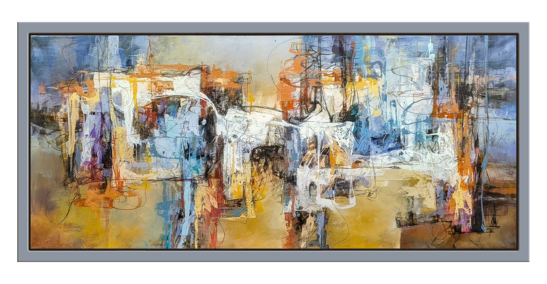 Urbe entre azules y ámbar — vista detalle de la pintura al óleo