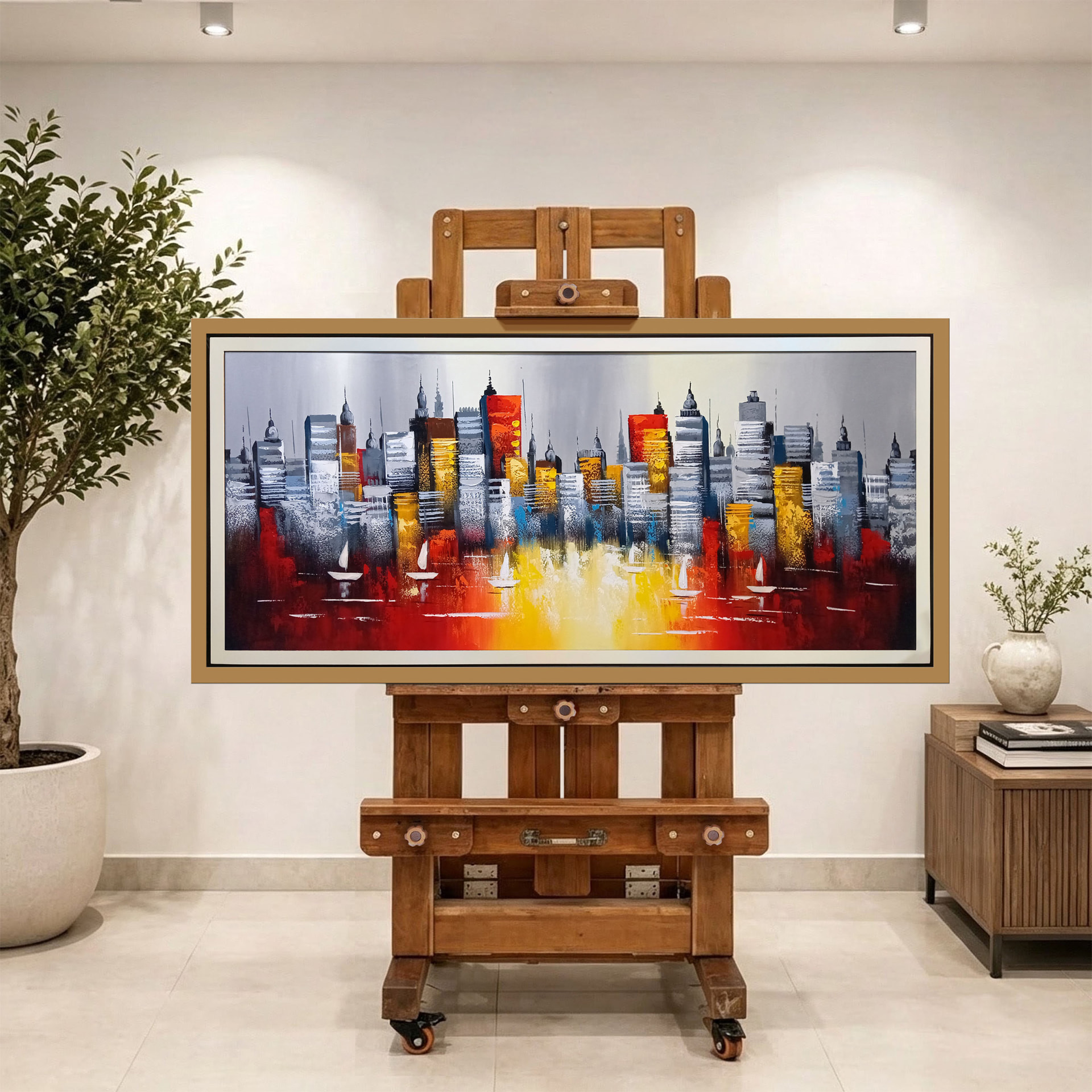 Puerto en rojo y oro — vista caballete de la pintura al óleo