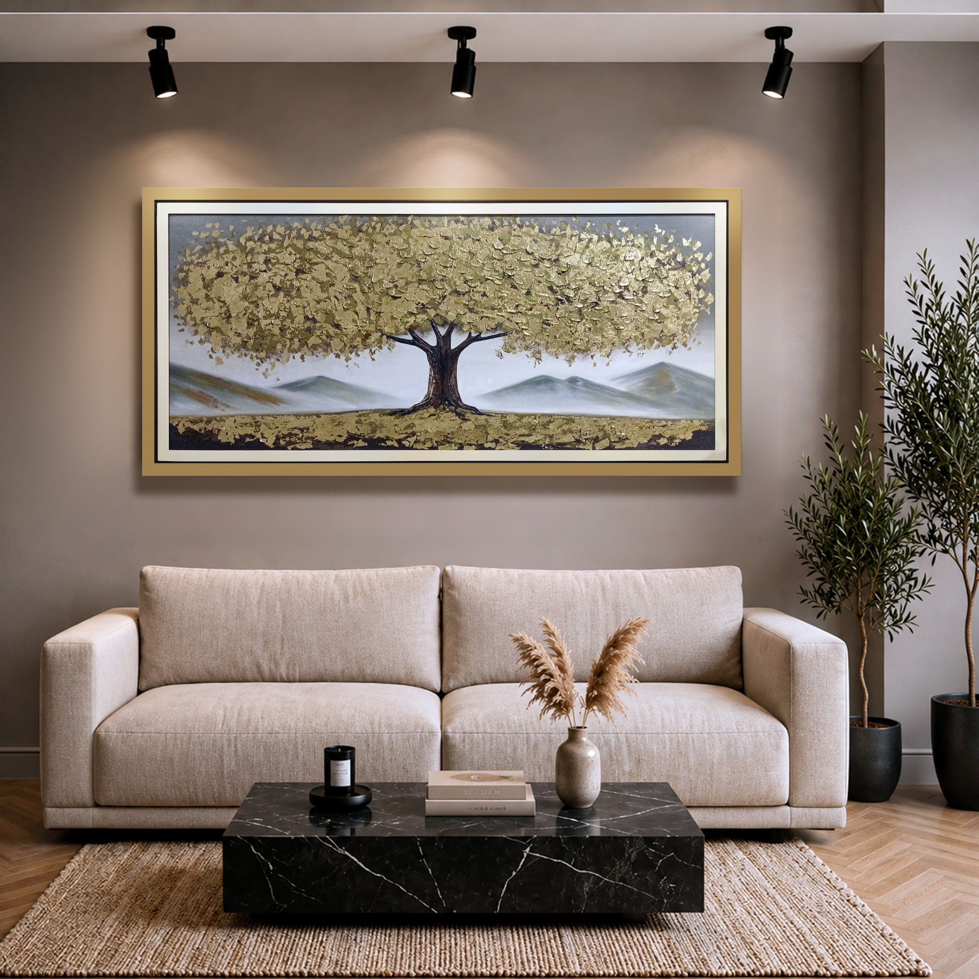 Árbol dorado en las montañas — óleo y pan de oro sobre lienzo pintada a mano · Color & Estilo