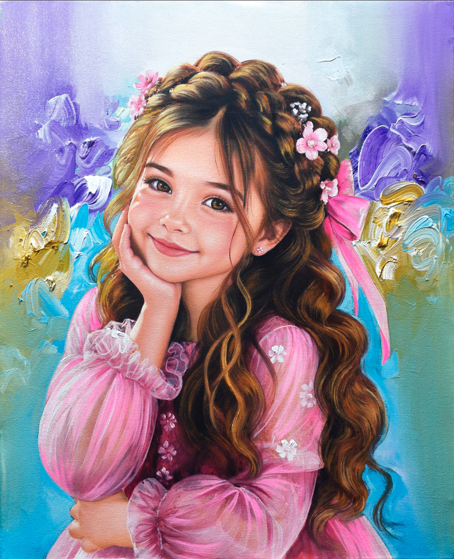 Niña de vestido rosa — óleo sobre lienzo pintada a mano · Color & Estilo