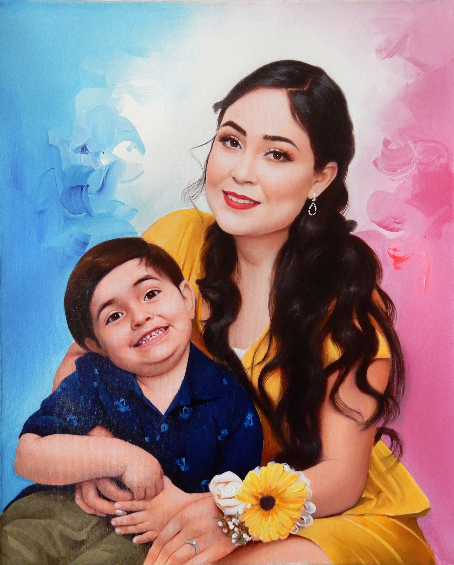 Madre e hijo en amarillo — óleo sobre lienzo pintada a mano · Color & Estilo