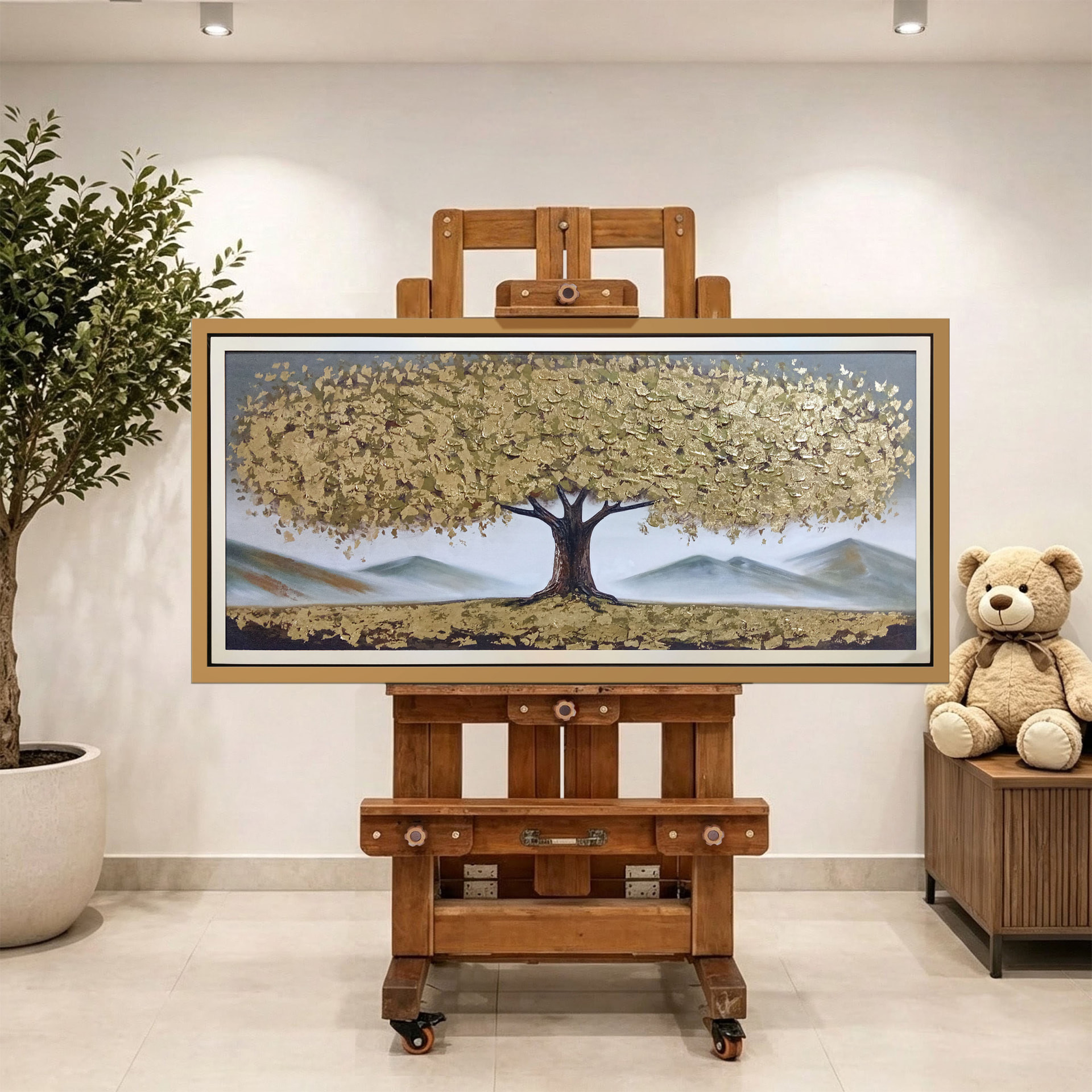 Árbol dorado en las montañas — vista caballete de la pintura al óleo