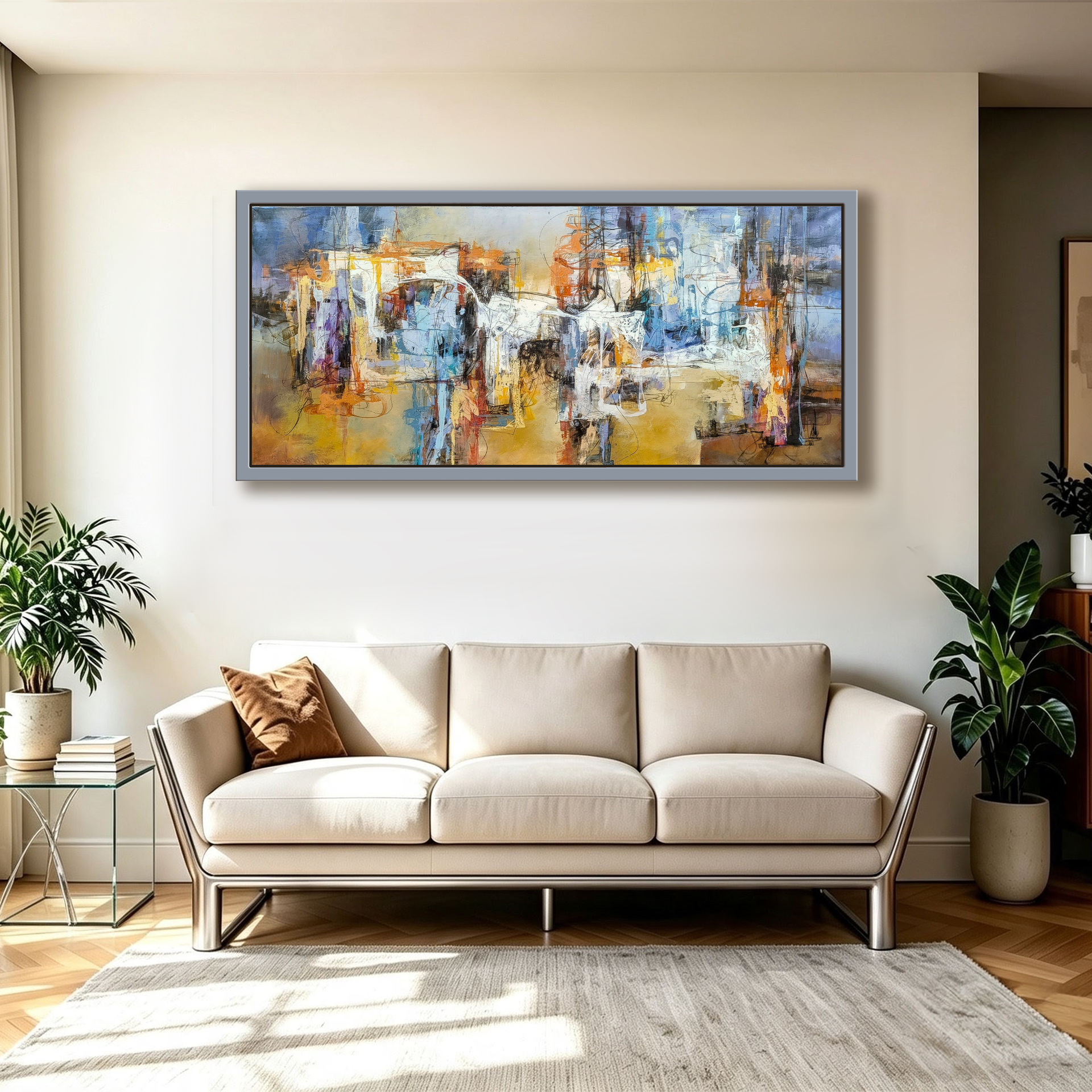 Urbe entre azules y ámbar — óleo y técnica mixta sobre lienzo pintada a mano · Color & Estilo