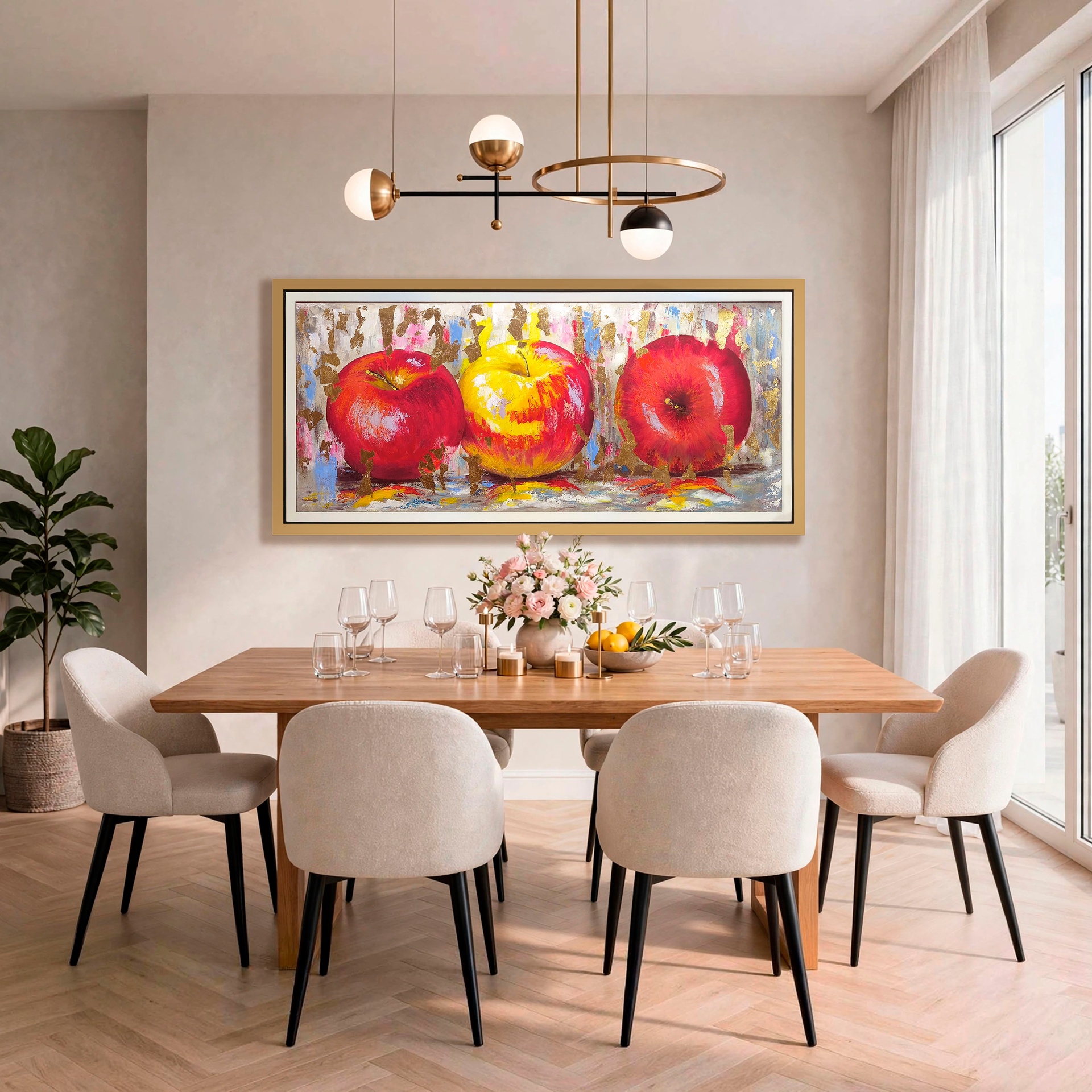 Manzanas en oro — óleo y pan de oro sobre lienzo pintada a mano · Color & Estilo