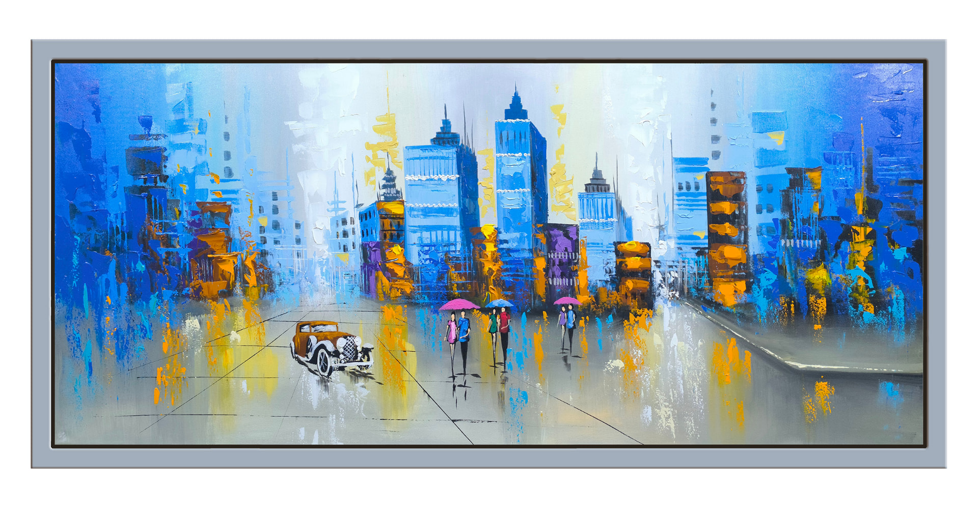 Ciudad azul bajo la lluvia — vista detalle de la pintura al óleo