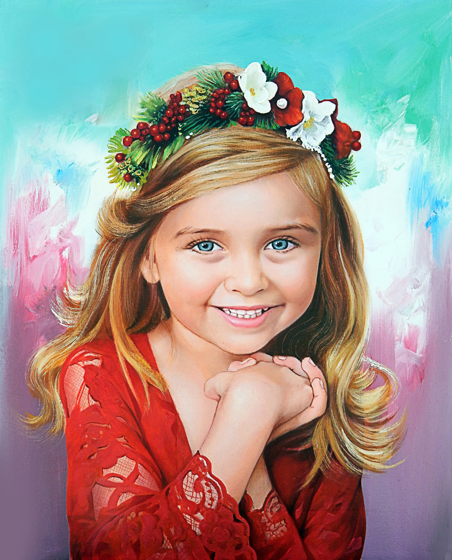 Niña con corona navideña — óleo sobre lienzo pintada a mano · Color & Estilo