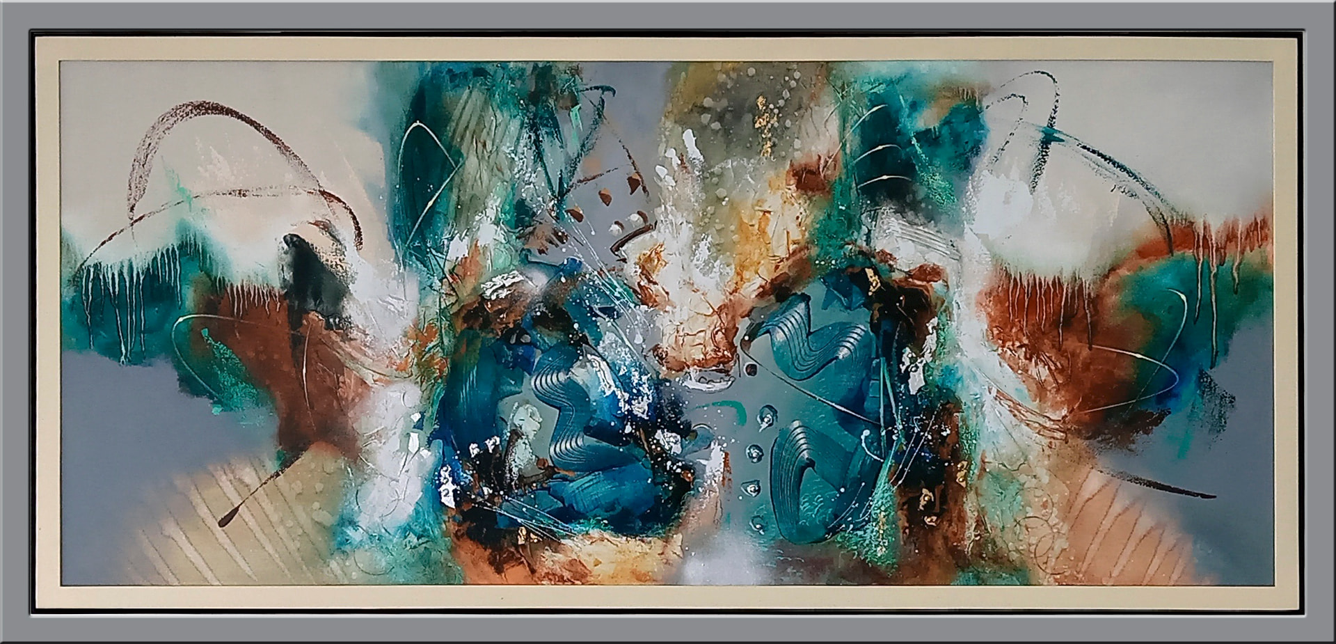 Turquesa y cobre — vista detalle de la pintura al óleo