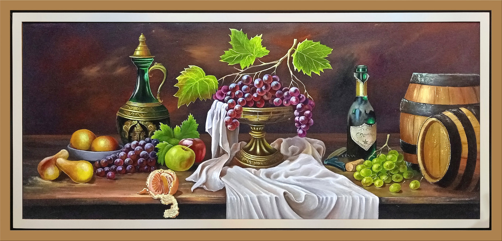 Bodegón de vino y uvas — vista detalle de la pintura al óleo