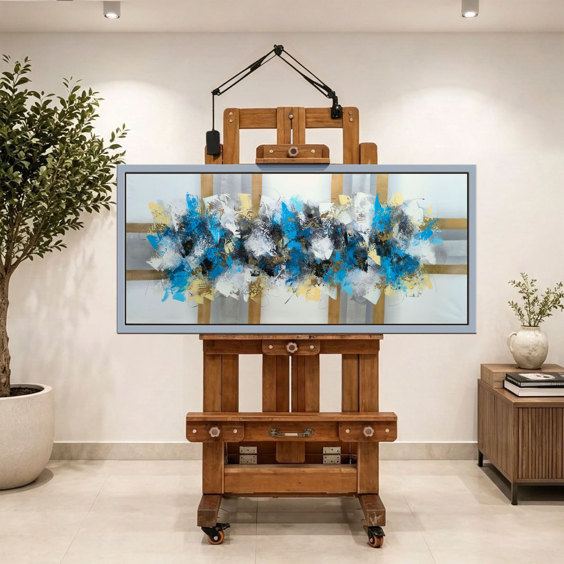 Azul y oro en franjas — vista caballete de la pintura al óleo