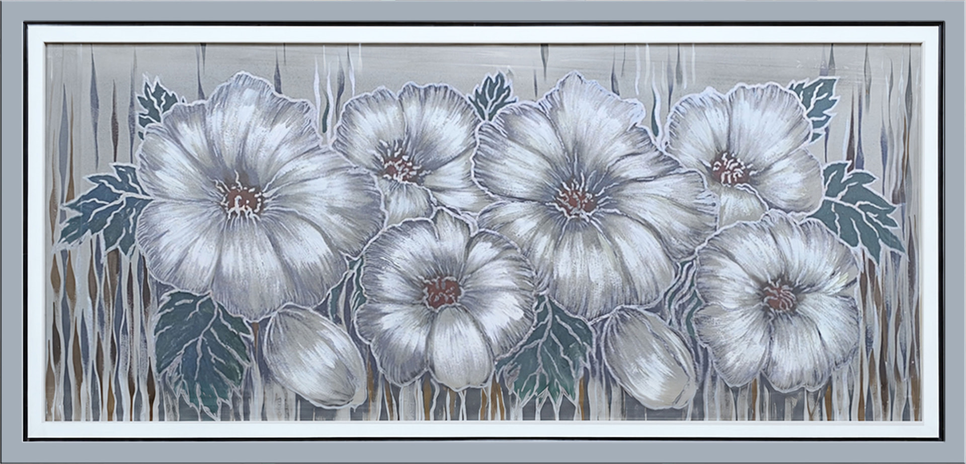 Flores plateadas — vista detalle de la pintura al óleo