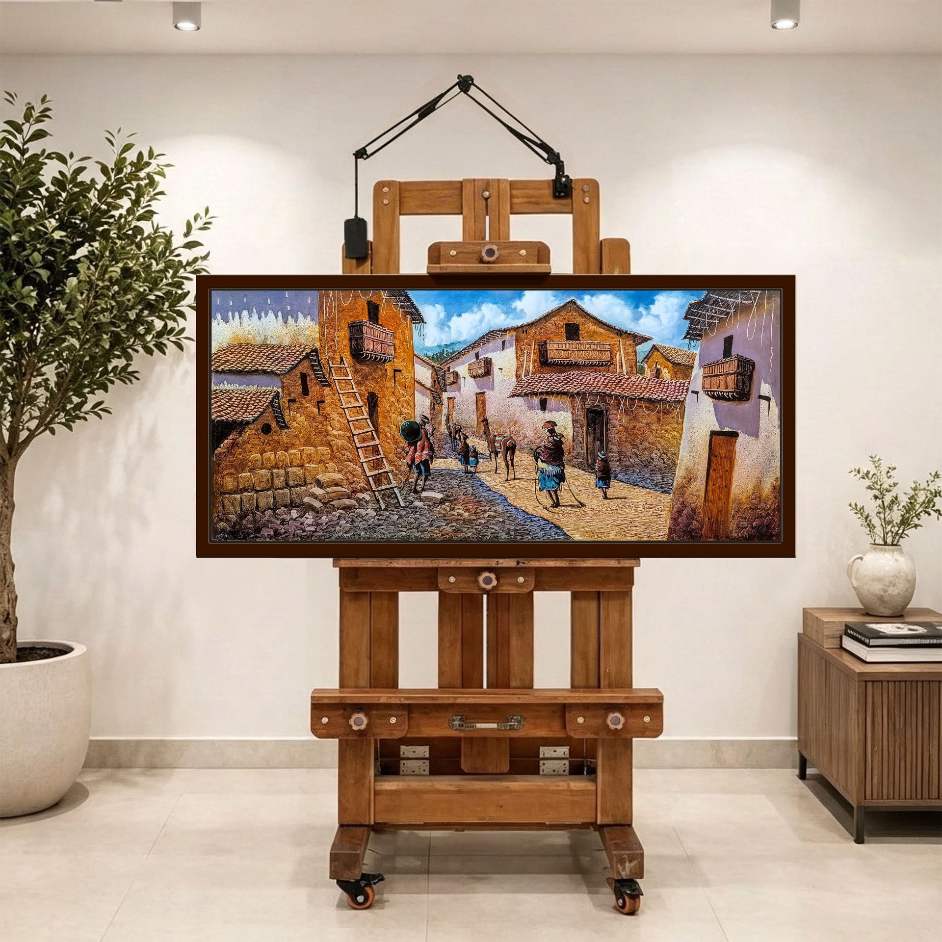 Calle andina de las llamas — vista caballete de la pintura al óleo