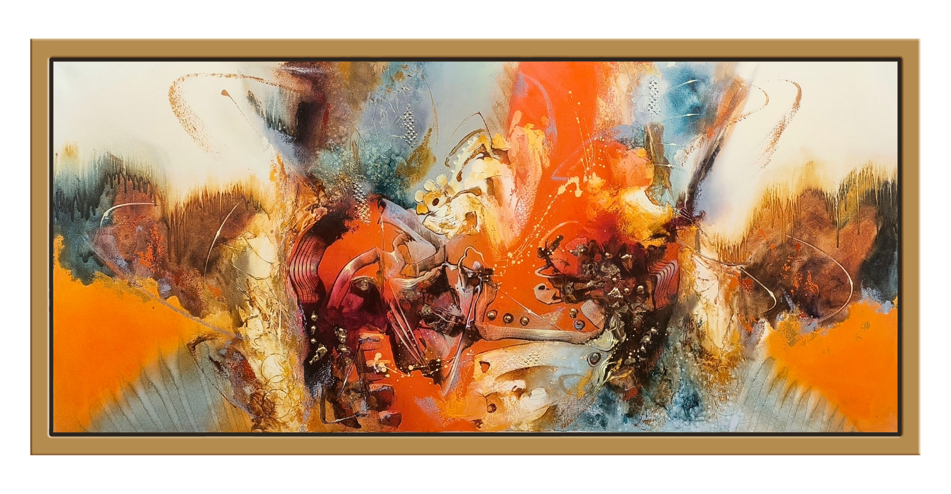 Estallido en oro y naranja — vista detalle de la pintura al óleo