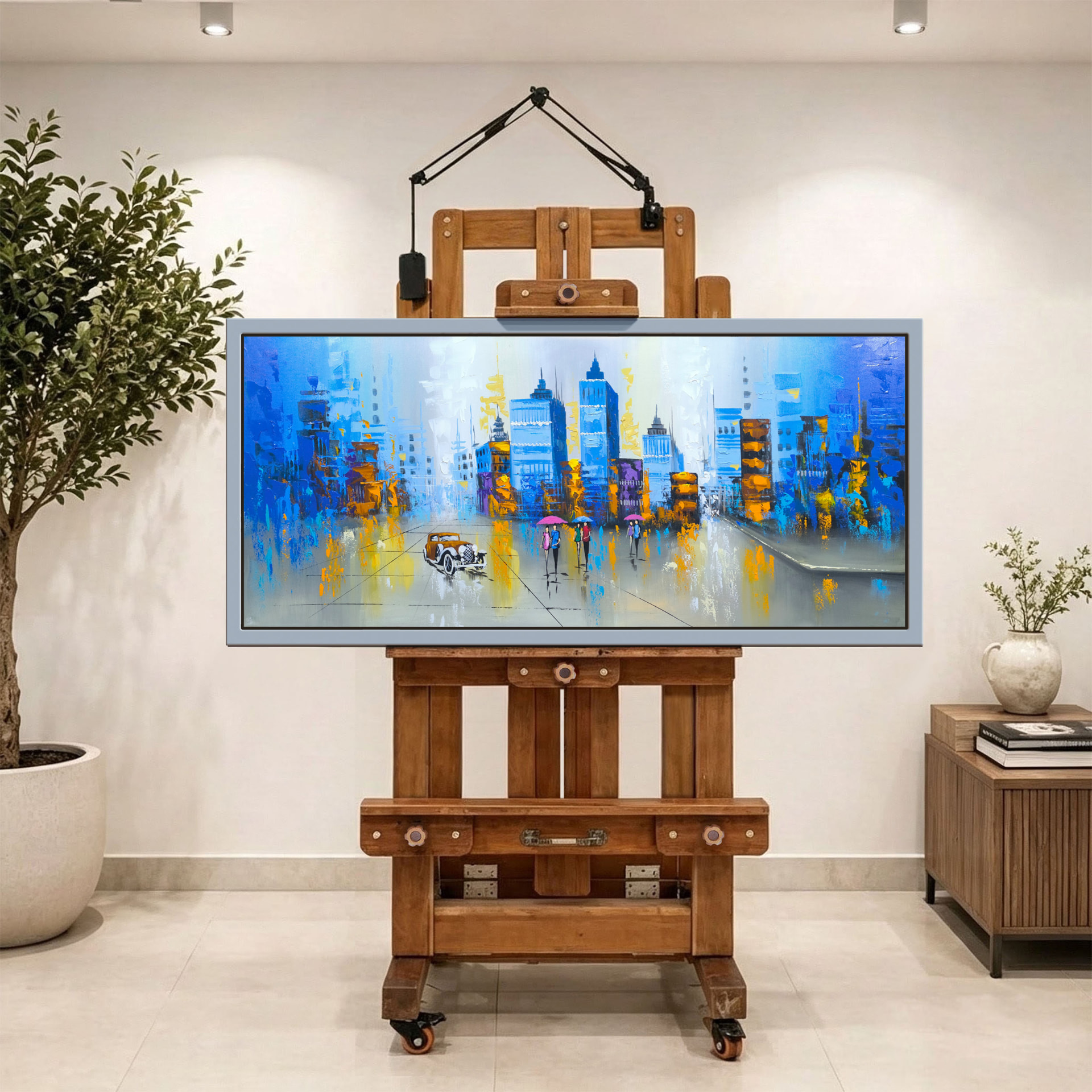 Ciudad azul bajo la lluvia — vista caballete de la pintura al óleo